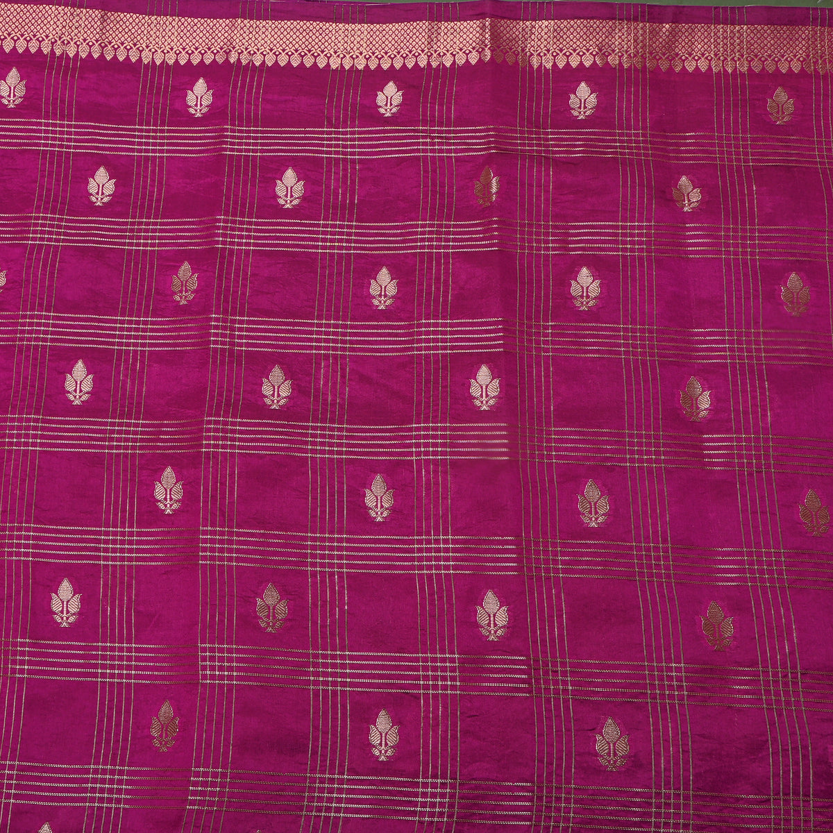 Berry Purple Gold Zari Leaf Butti Checks Jamawar Silk Fabric