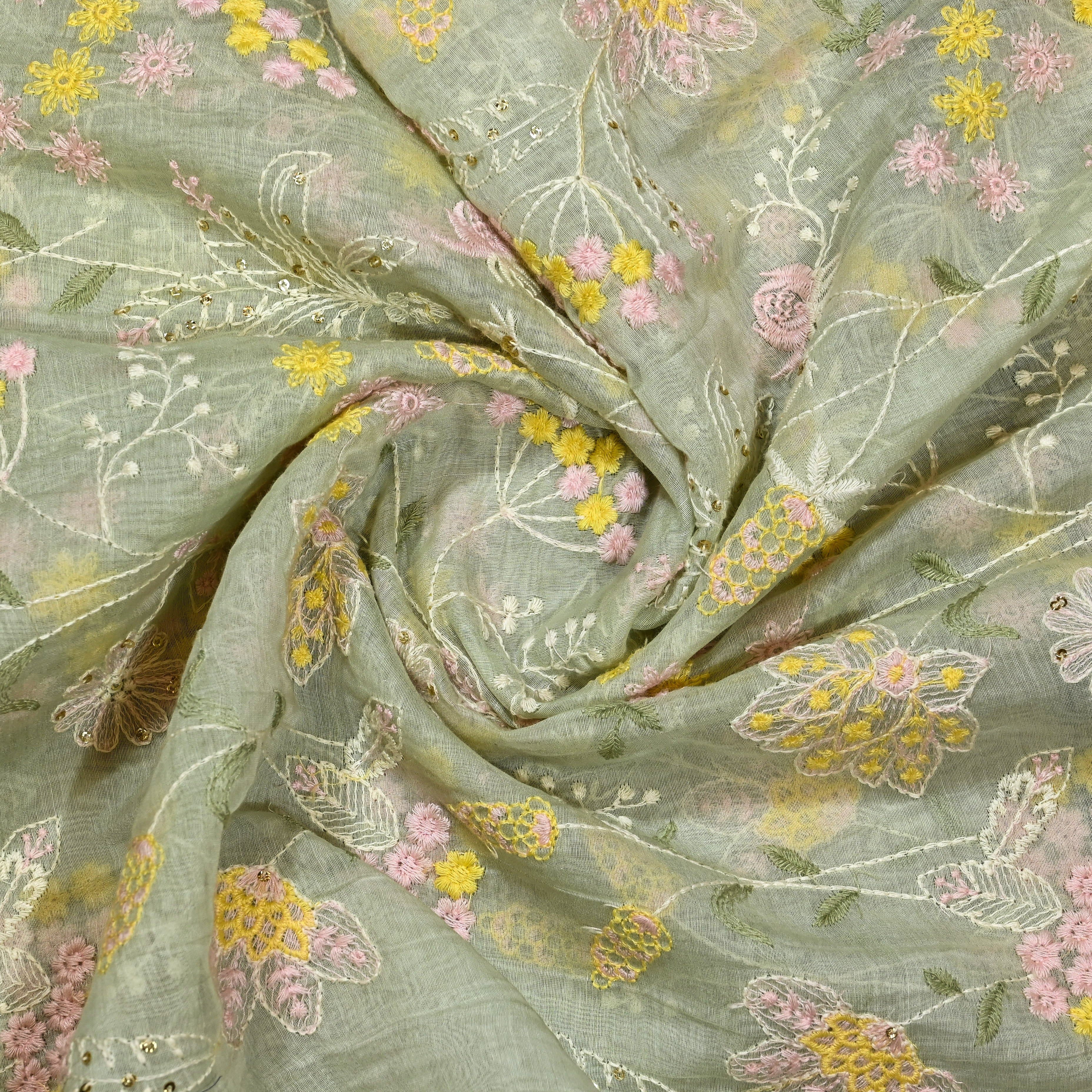 Pista Green Mul Chanderi Fabric With Embroidery