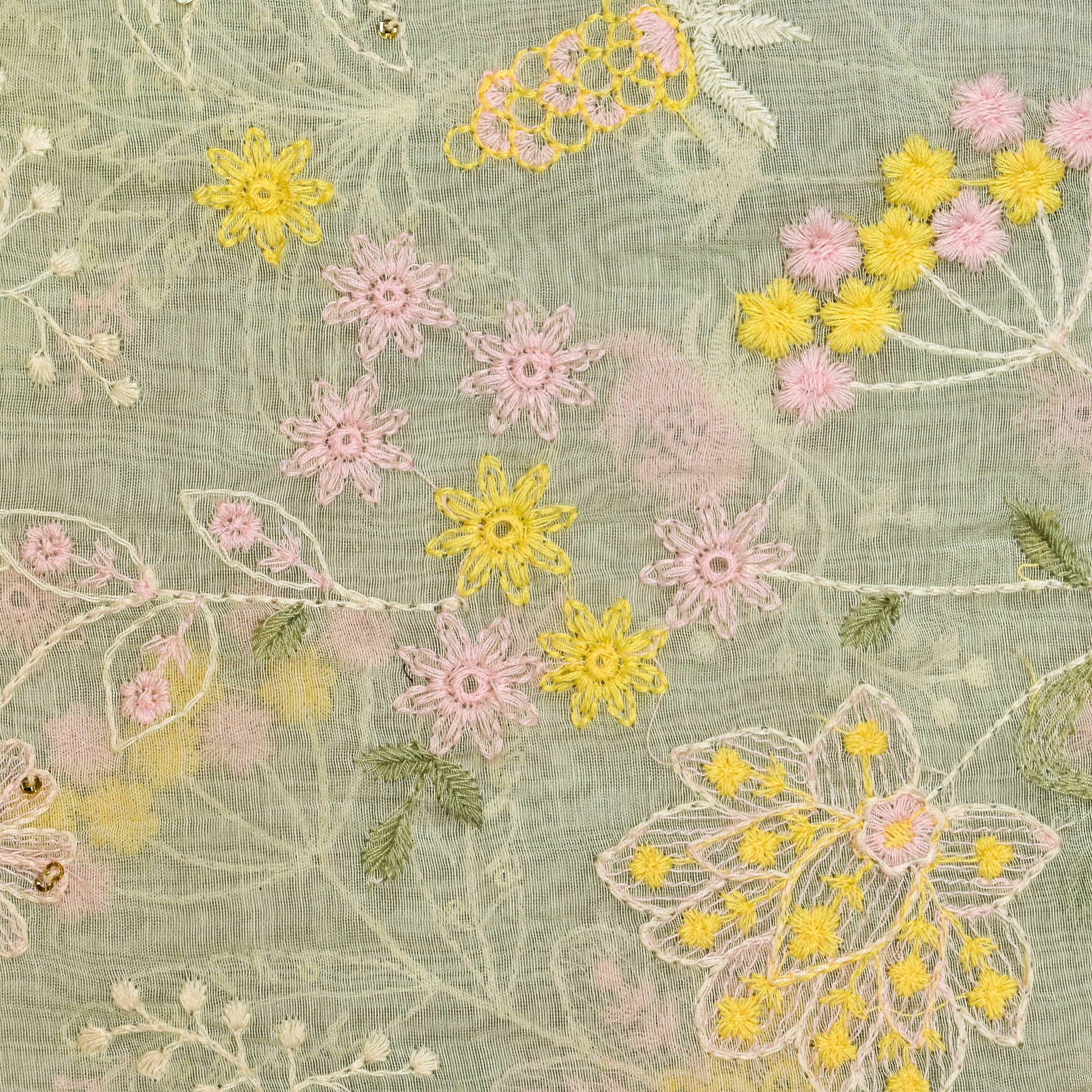 Pista Green Mul Chanderi Fabric With Embroidery