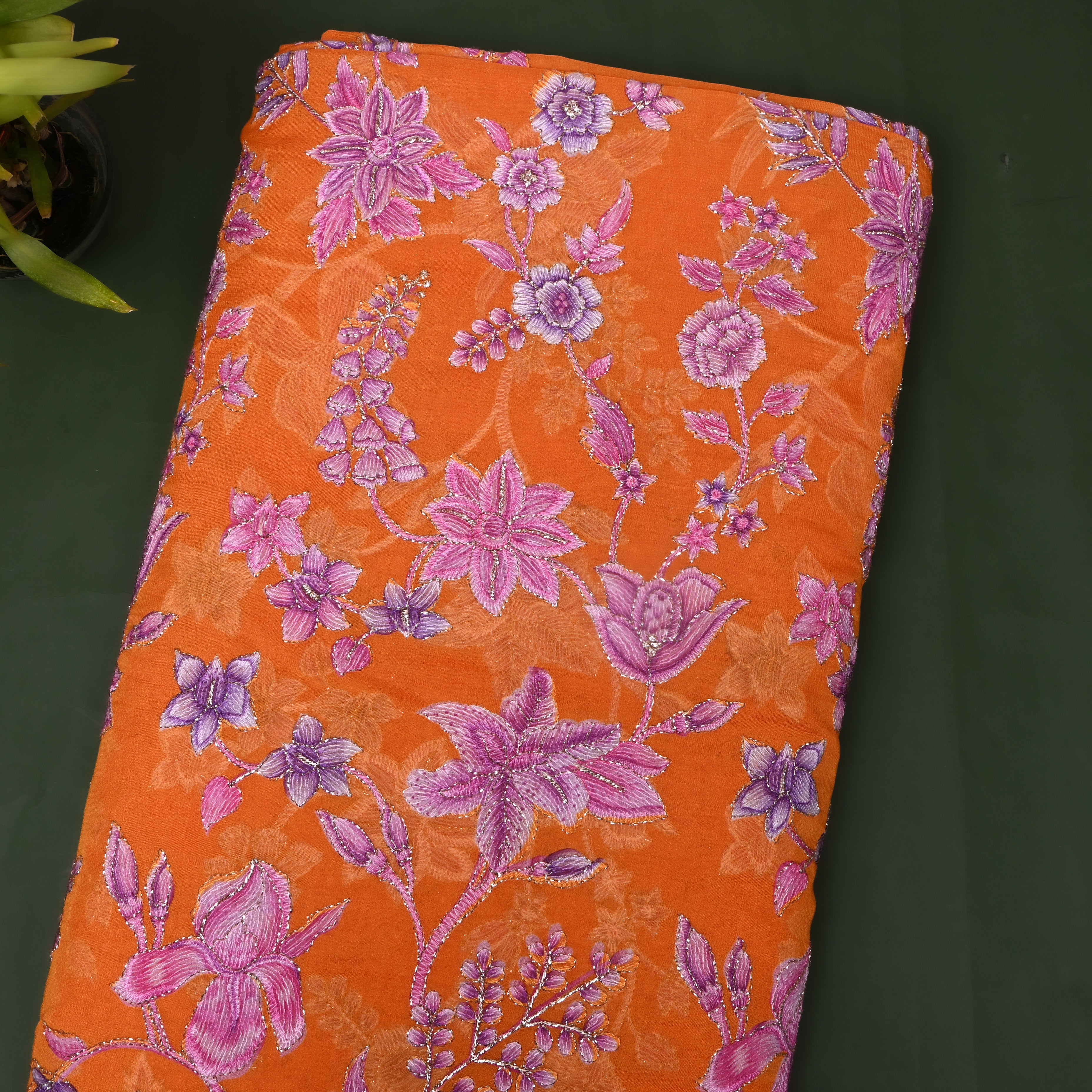 Burnt Orange Purple Floral Sequin Thread Work Organza Fabric