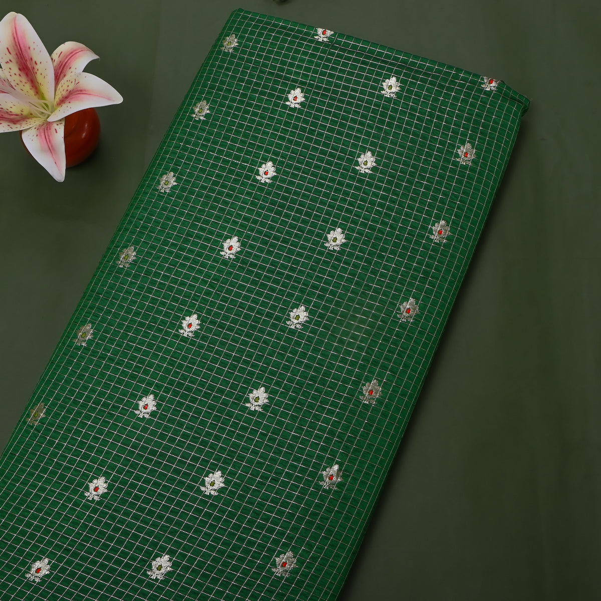 Pine Green Silver Zari Butti Checks Jamawar Silk Fabric