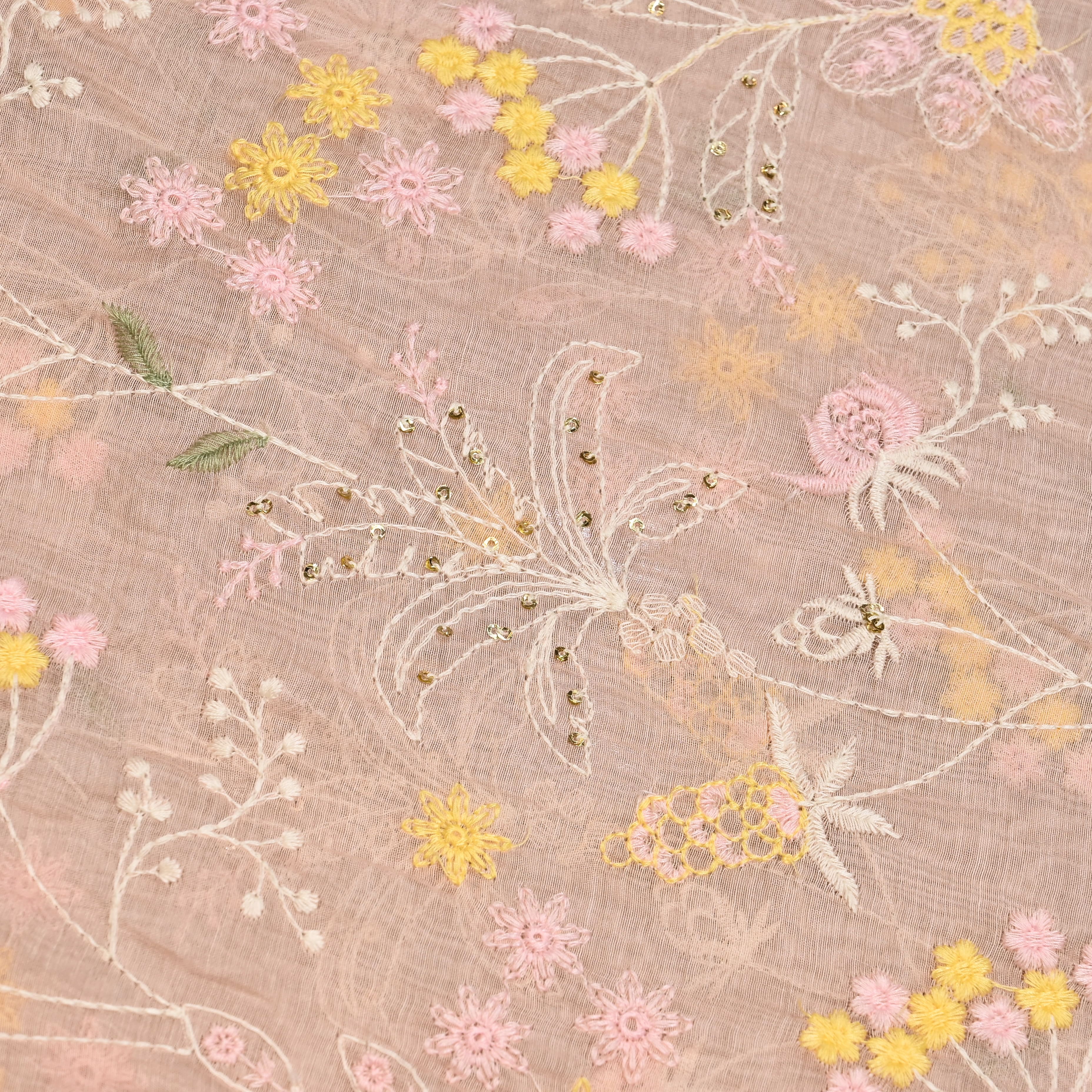 Soft Peach Mul Chanderi Fabric With Embroidery