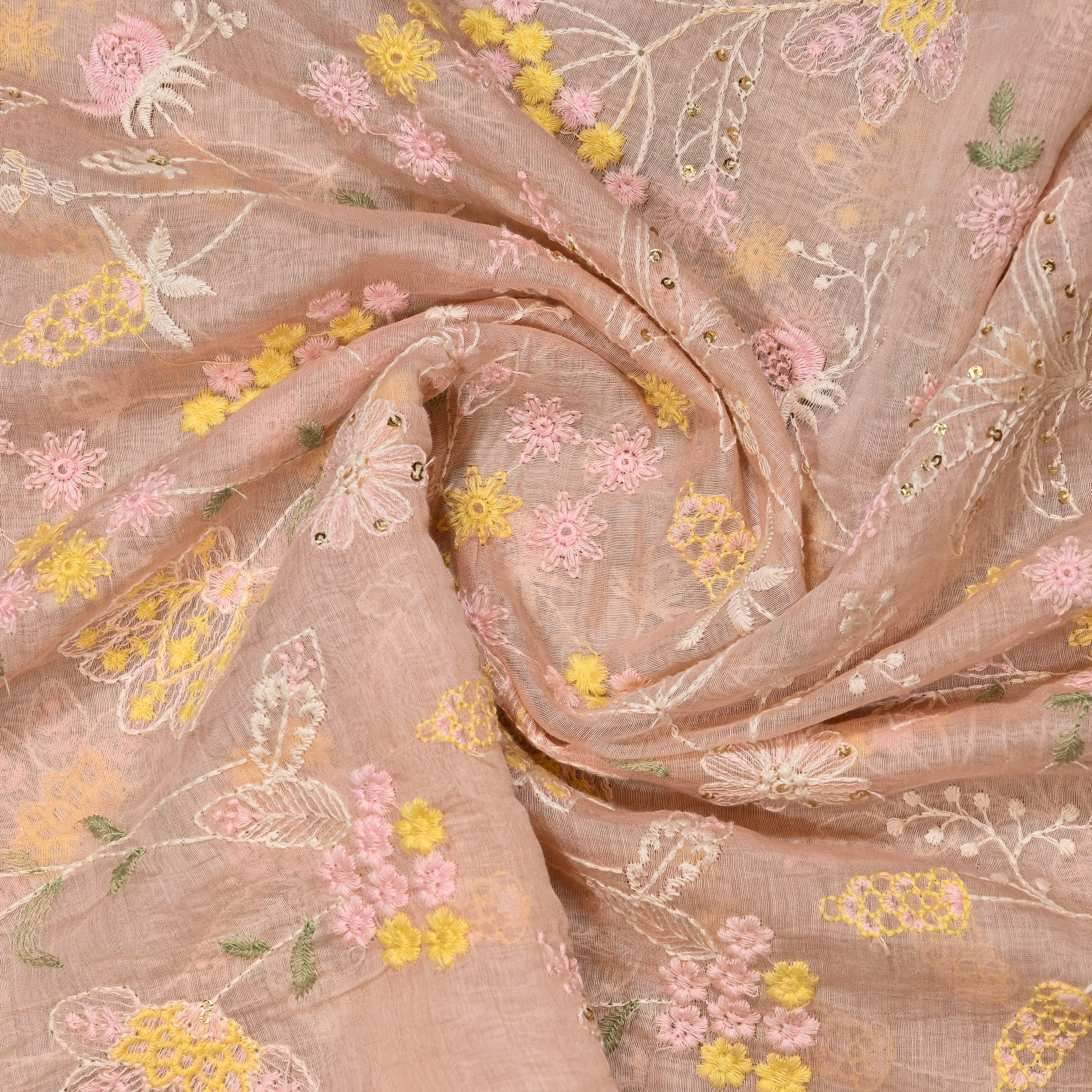 Soft Peach Mul Chanderi Fabric With Embroidery
