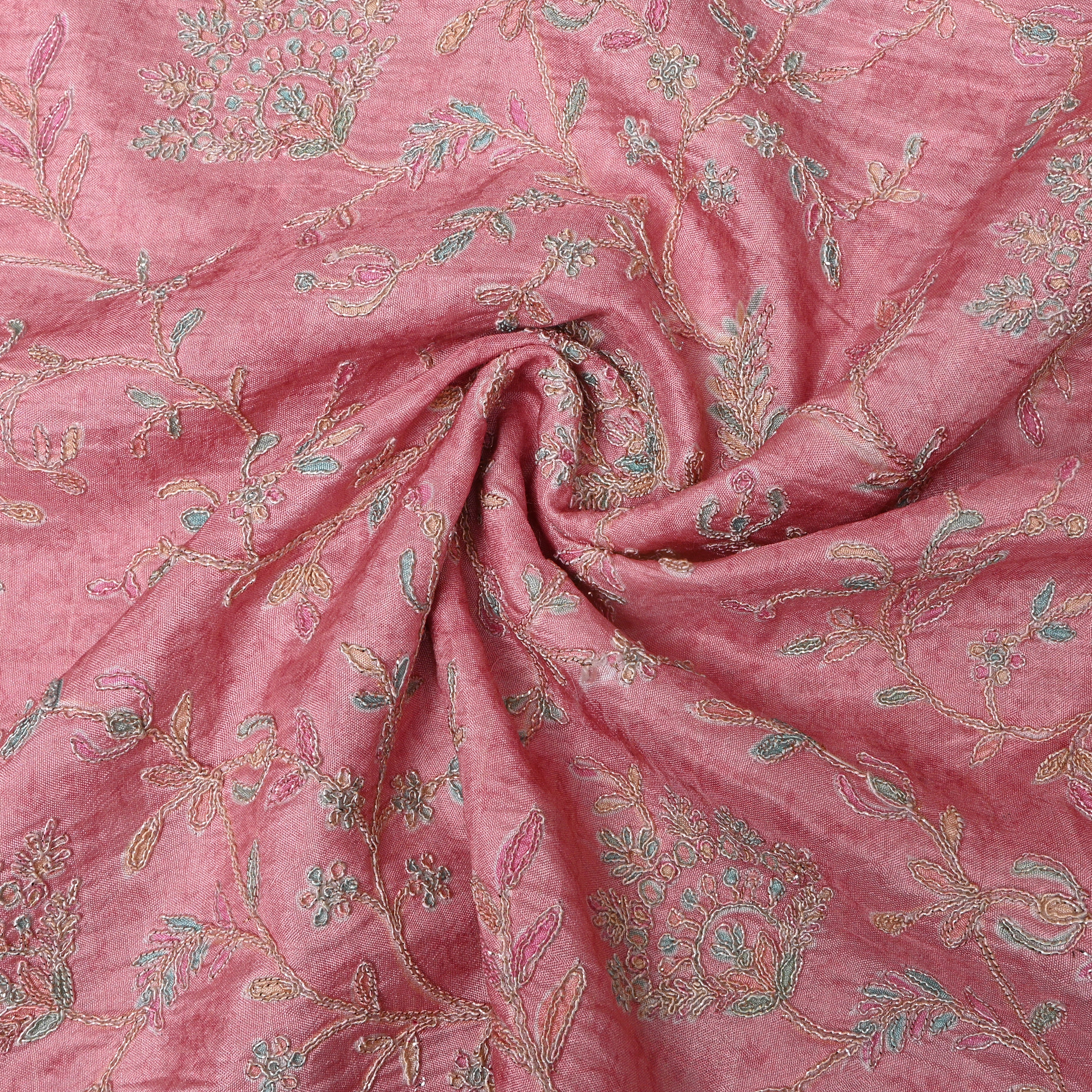 Dusty Pink Floral Vine Thread Work Silk Fabric