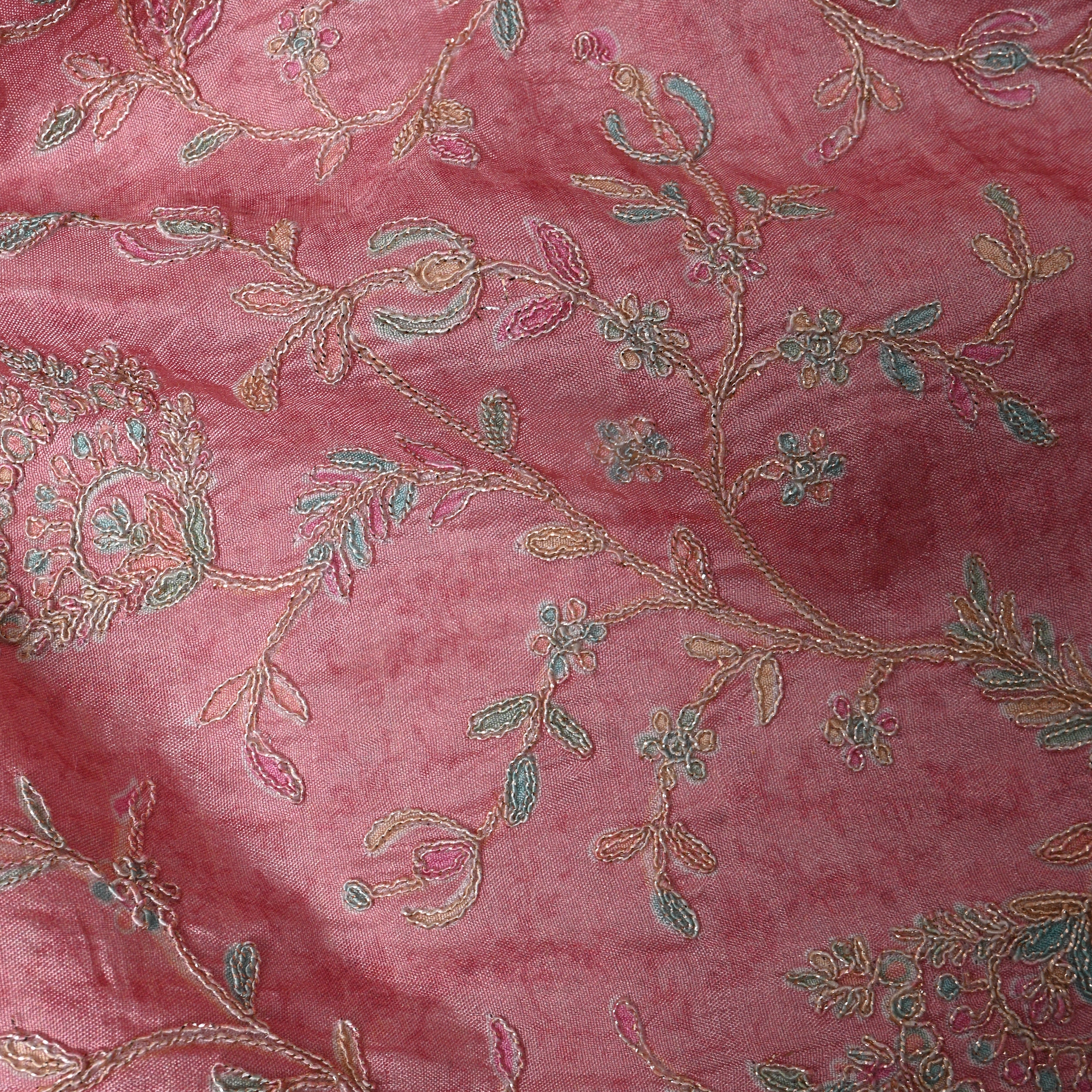 Dusty Pink Floral Vine Thread Work Silk Fabric