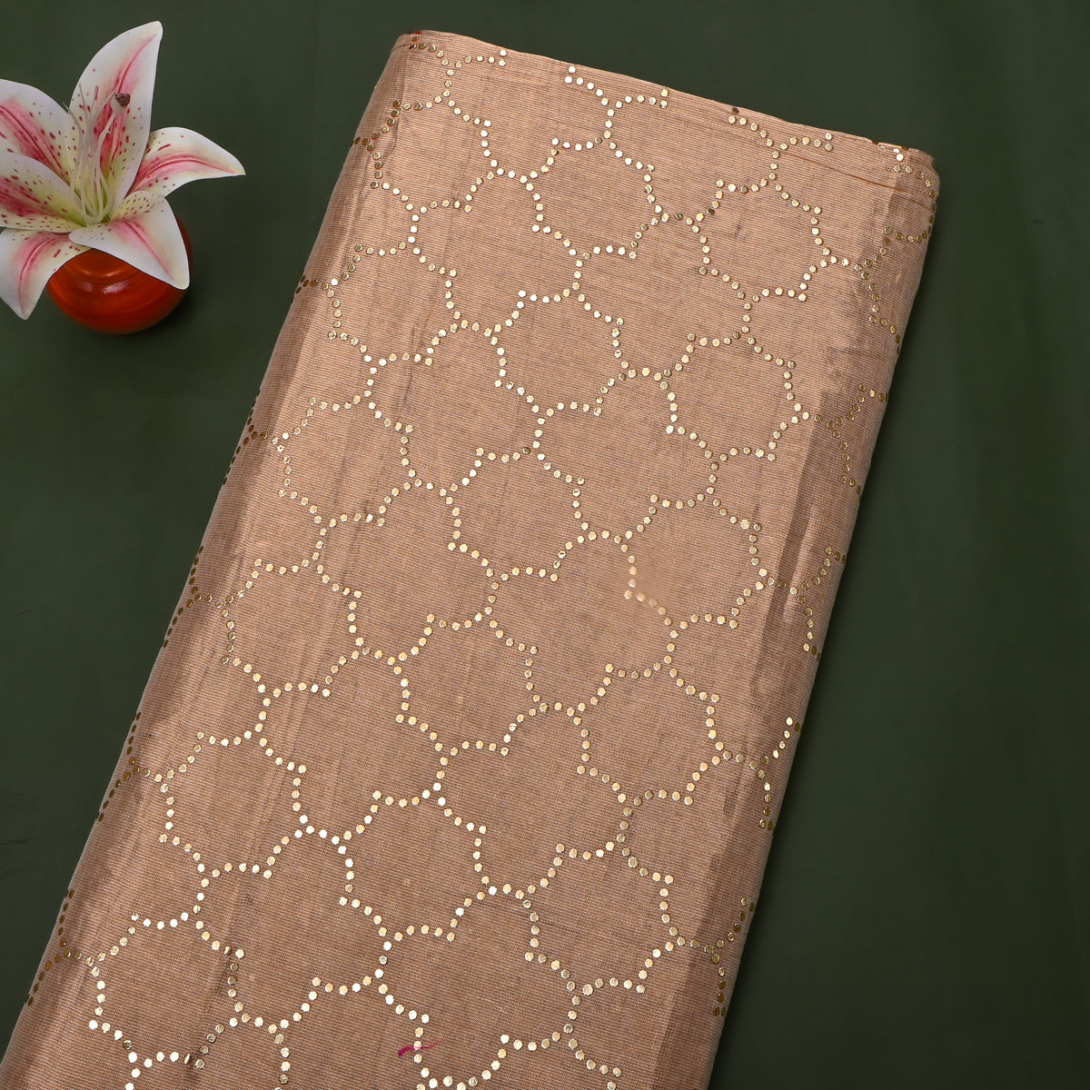 Camel Gold Foil Scallop Geometric Print Kanchi Tissue Fabric