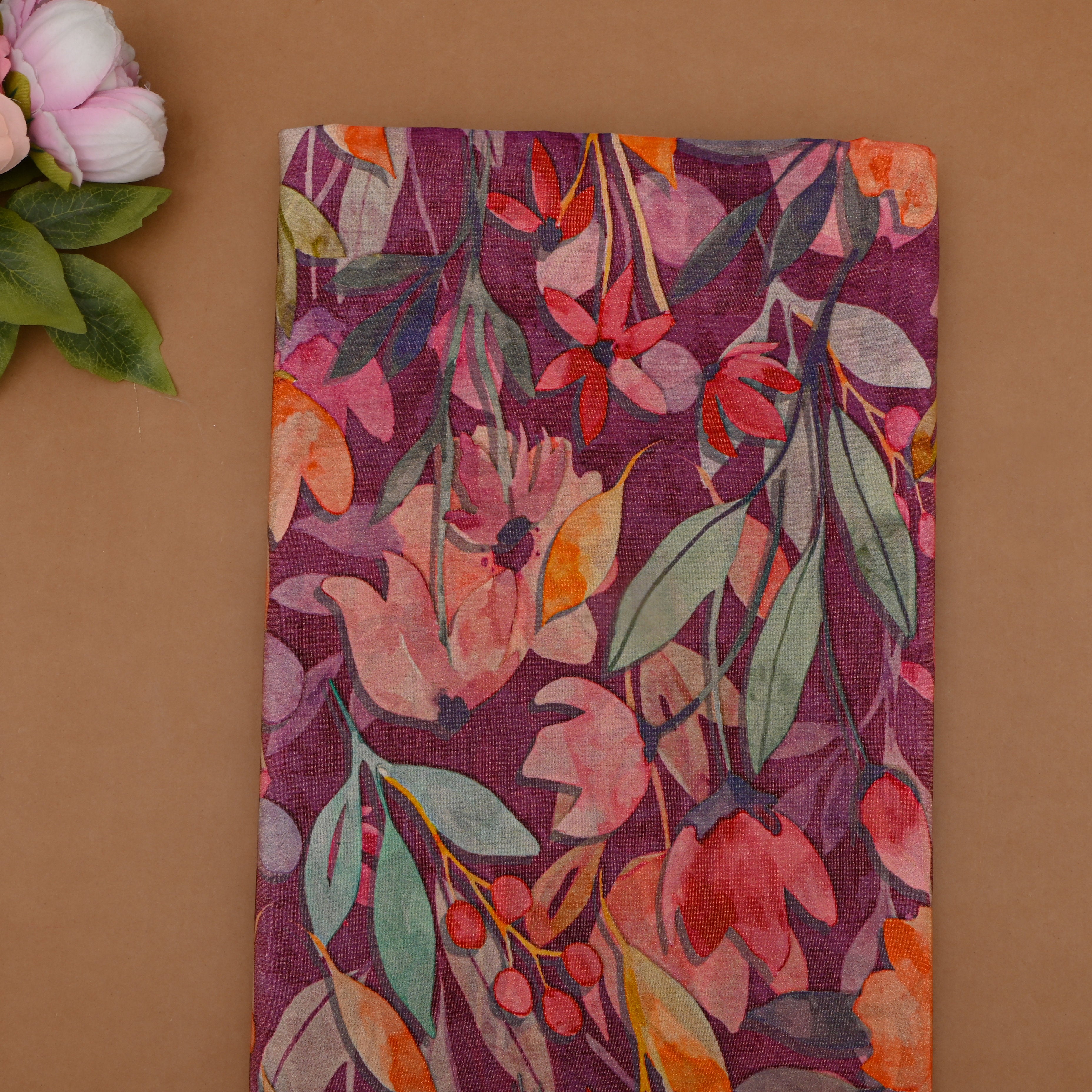 Pink Tussar Fabric Floral Digital Print