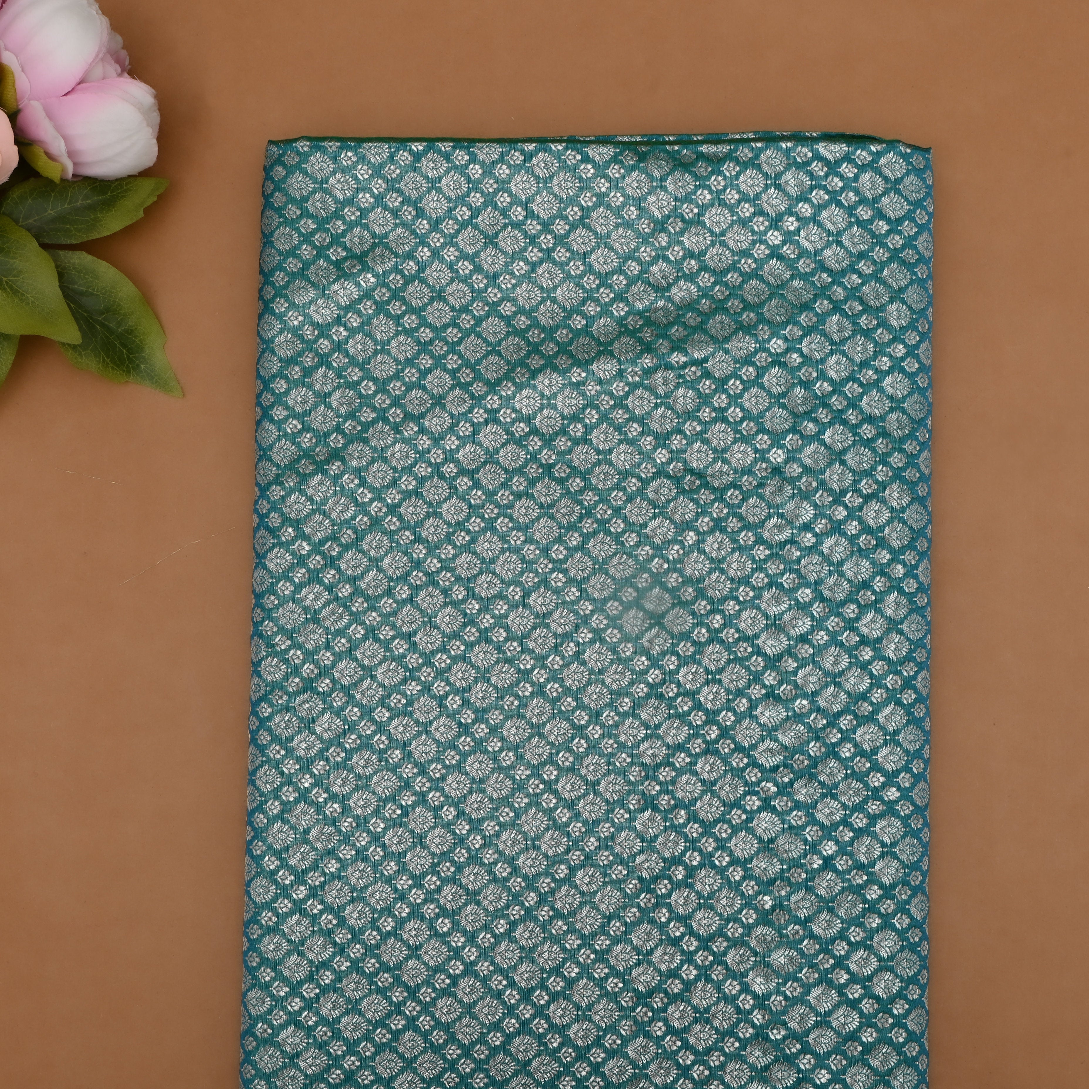 Teal Blue Jamawar Silk Fabric With Gold Zari Work