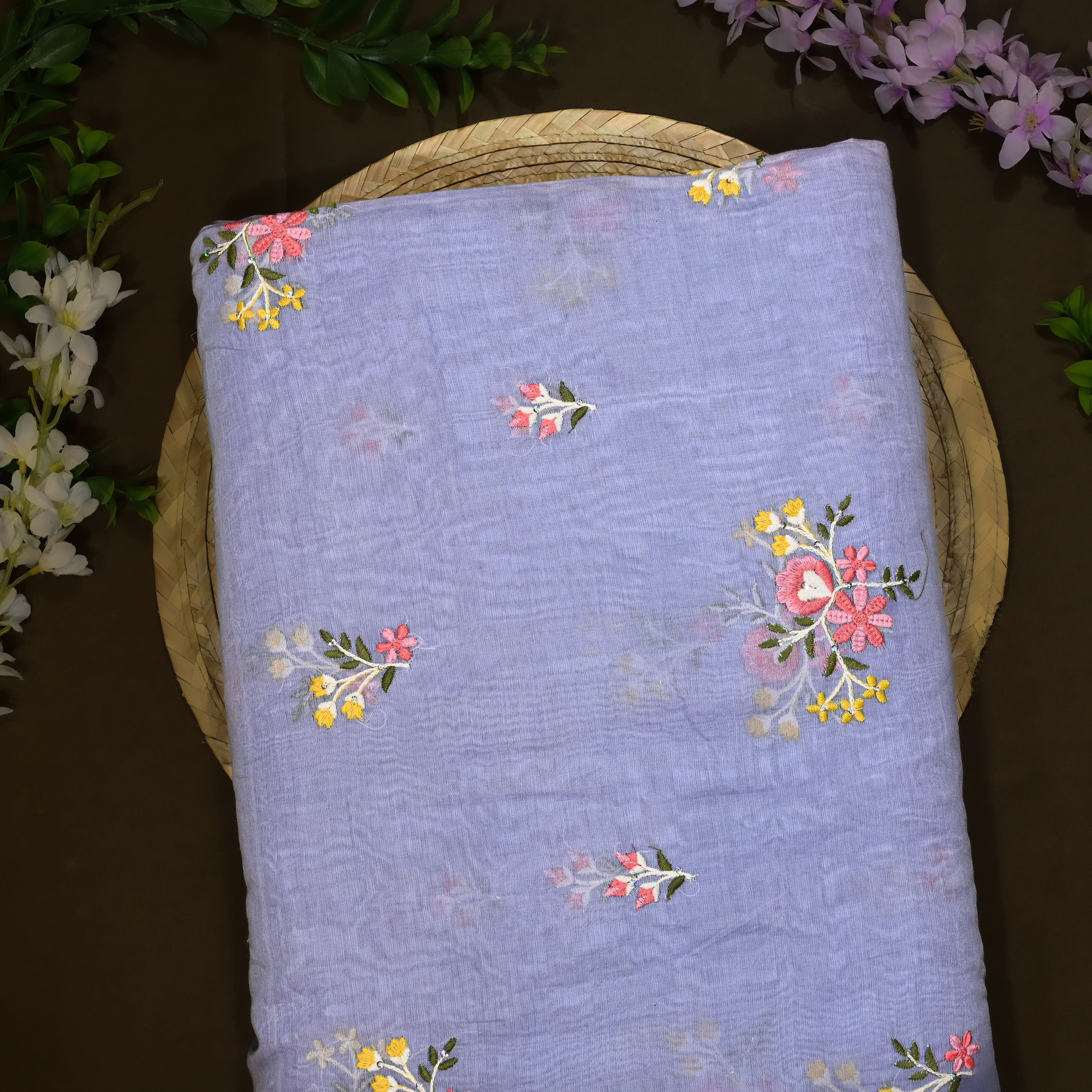 Light Blue Mul Chanderi Fabric With Embroidery
