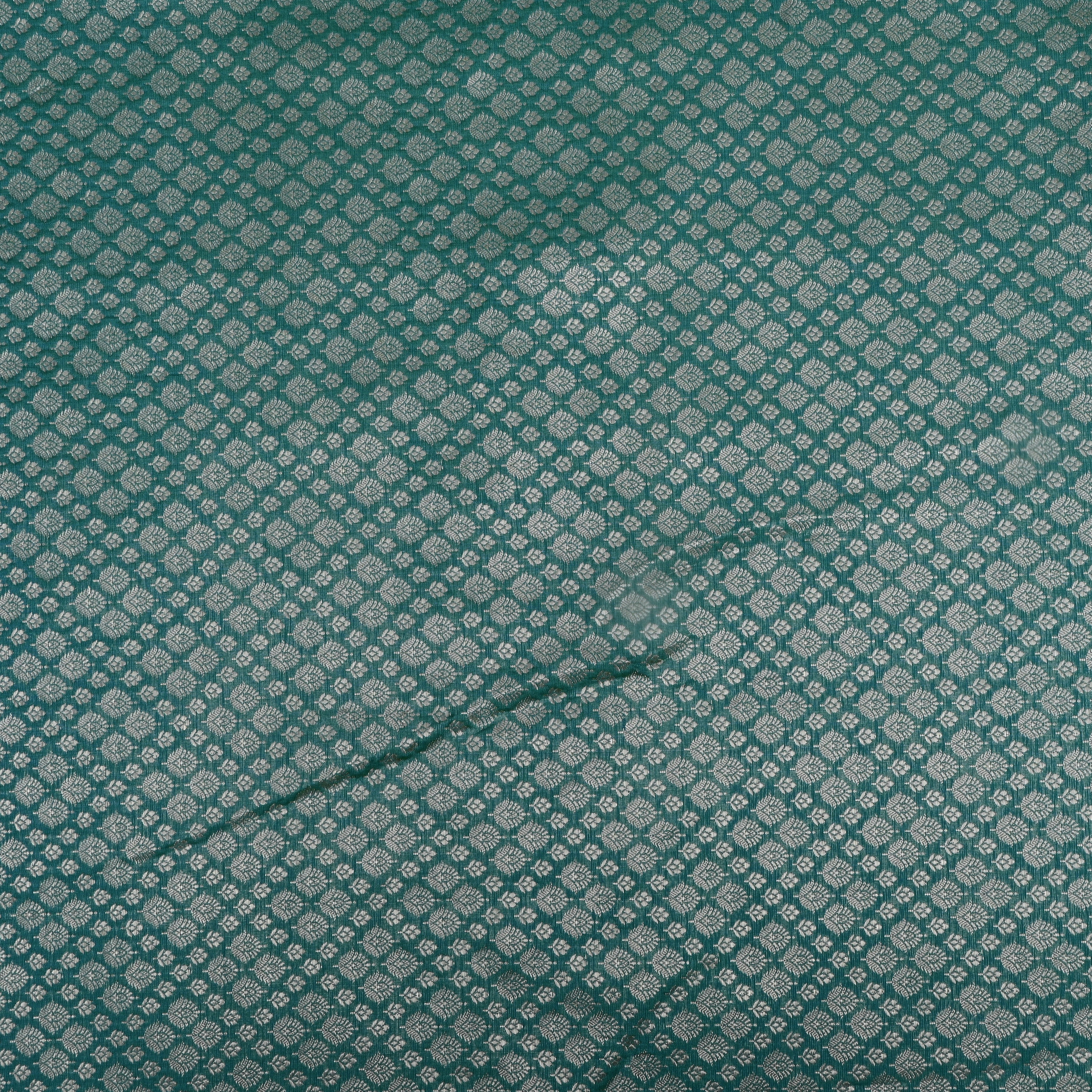 Teal Blue Jamawar Silk Fabric With Gold Zari Work