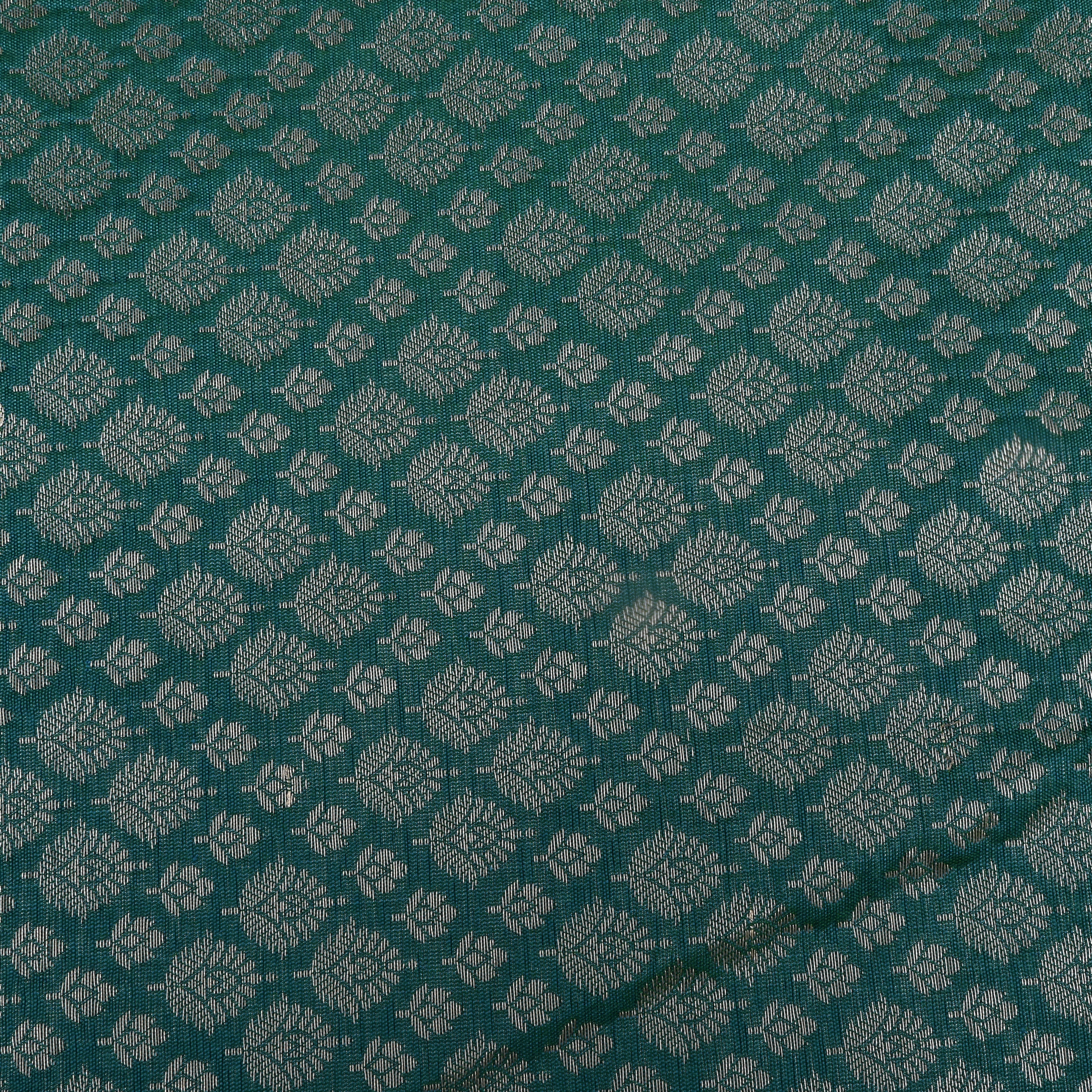 Teal Blue Jamawar Silk Fabric With Gold Zari Work