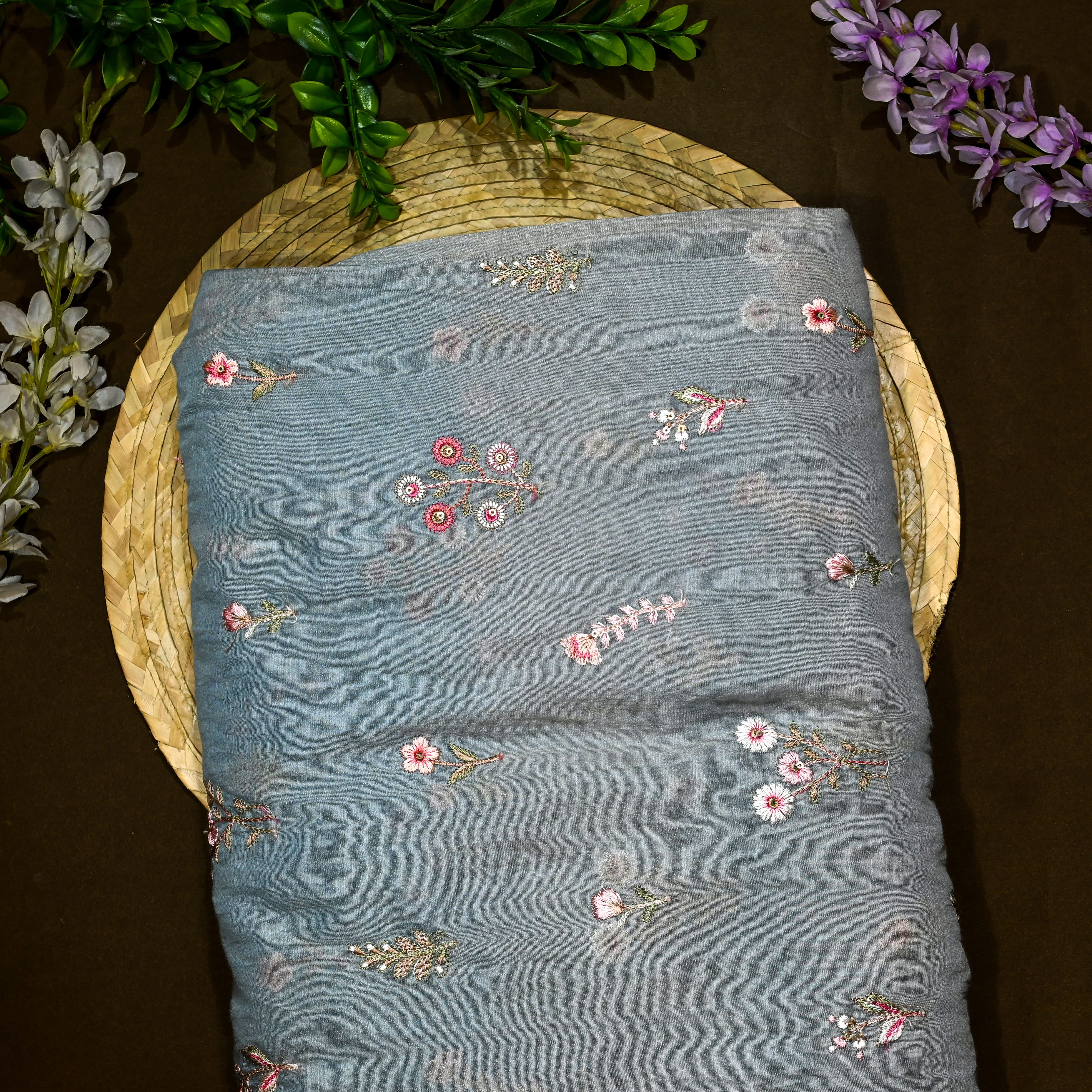 Light Steel Blue Mul Chanderi Fabric With Embroidery