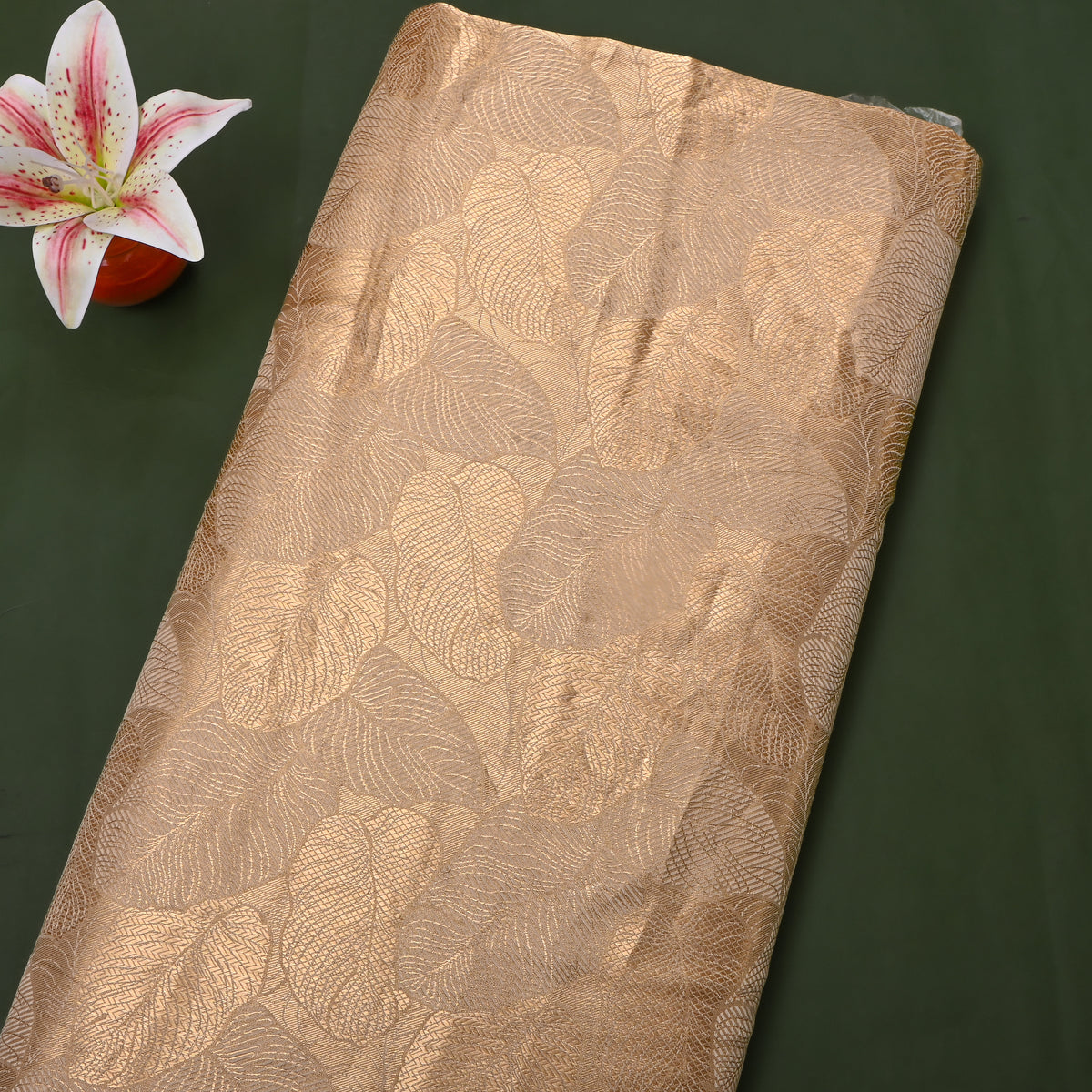 Champagne Gold Zari Leaf Floral Jamawar Silk Fabric