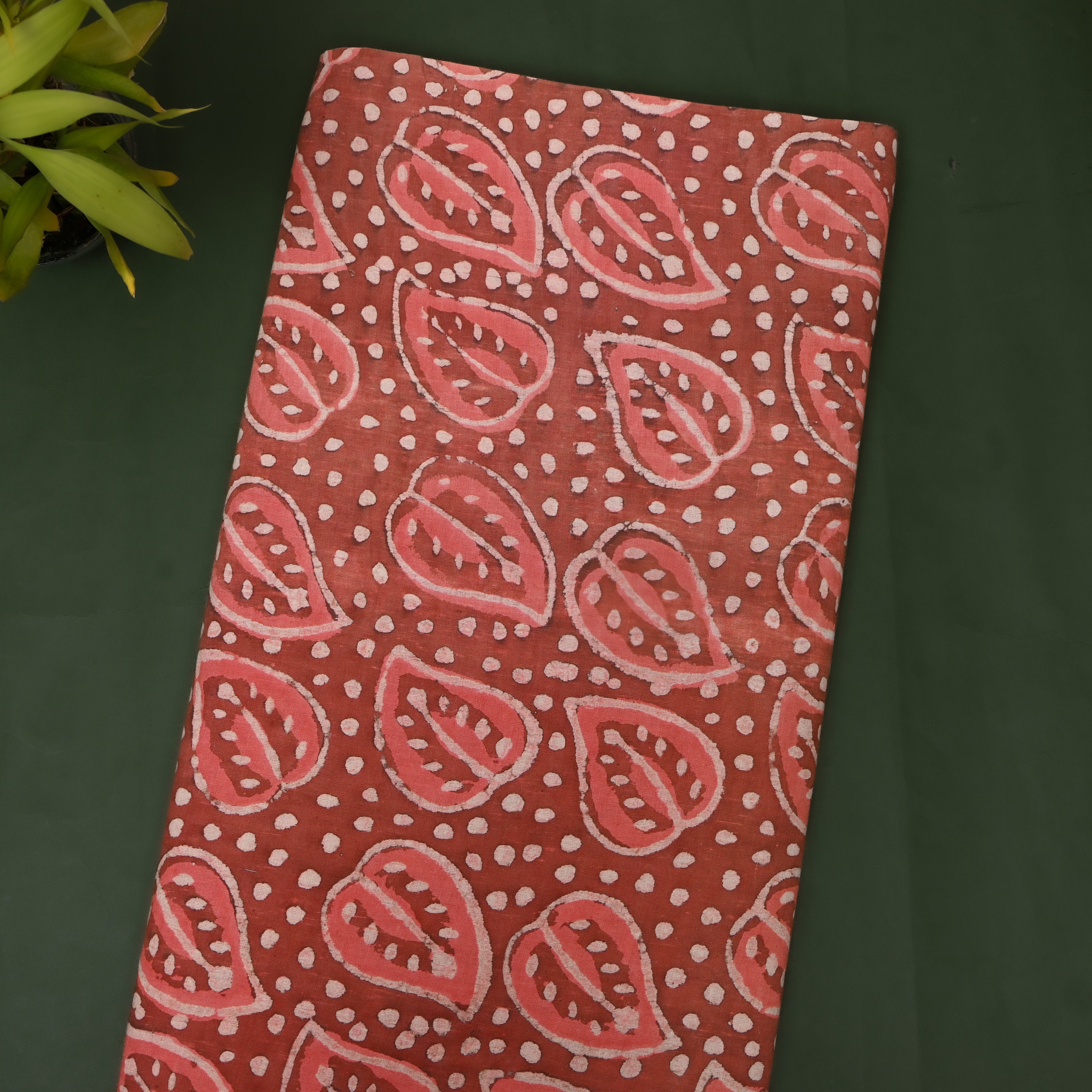 Orange Leaf Motif Dabu Print Cotton Fabric