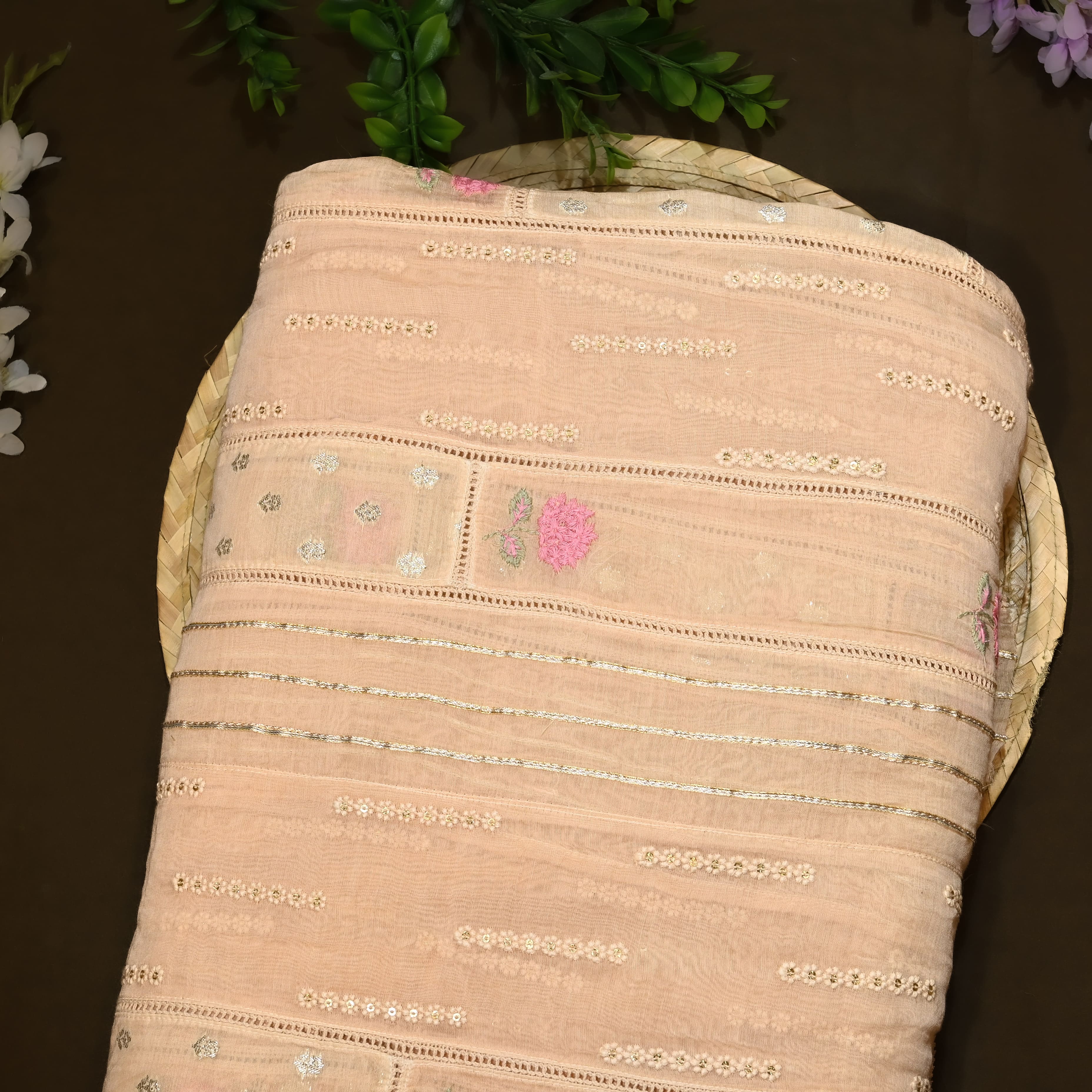 Beige Malchanderi Fabric With Embroidery