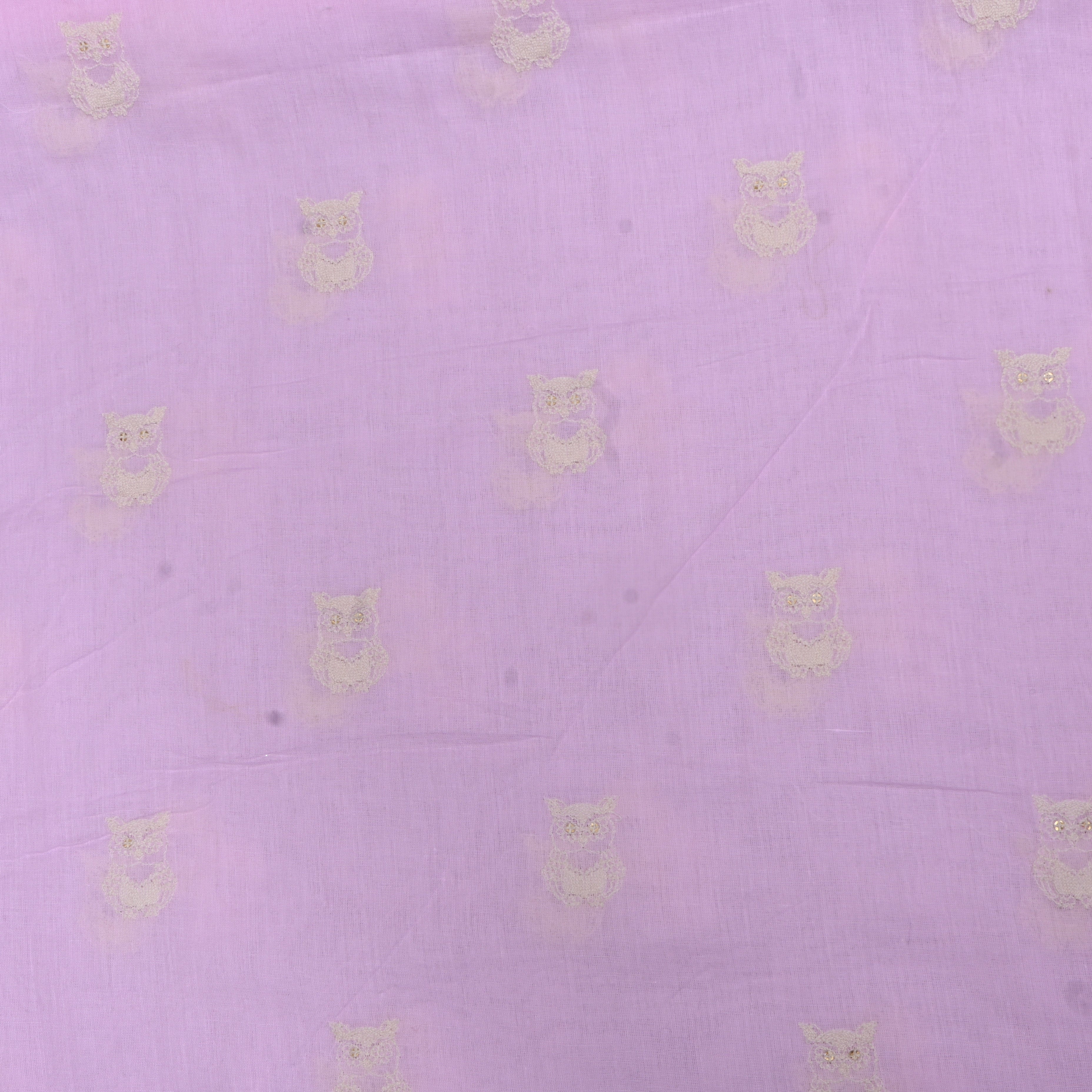Lilac Owl Motif Sequin Embroidery Cotton Fabric