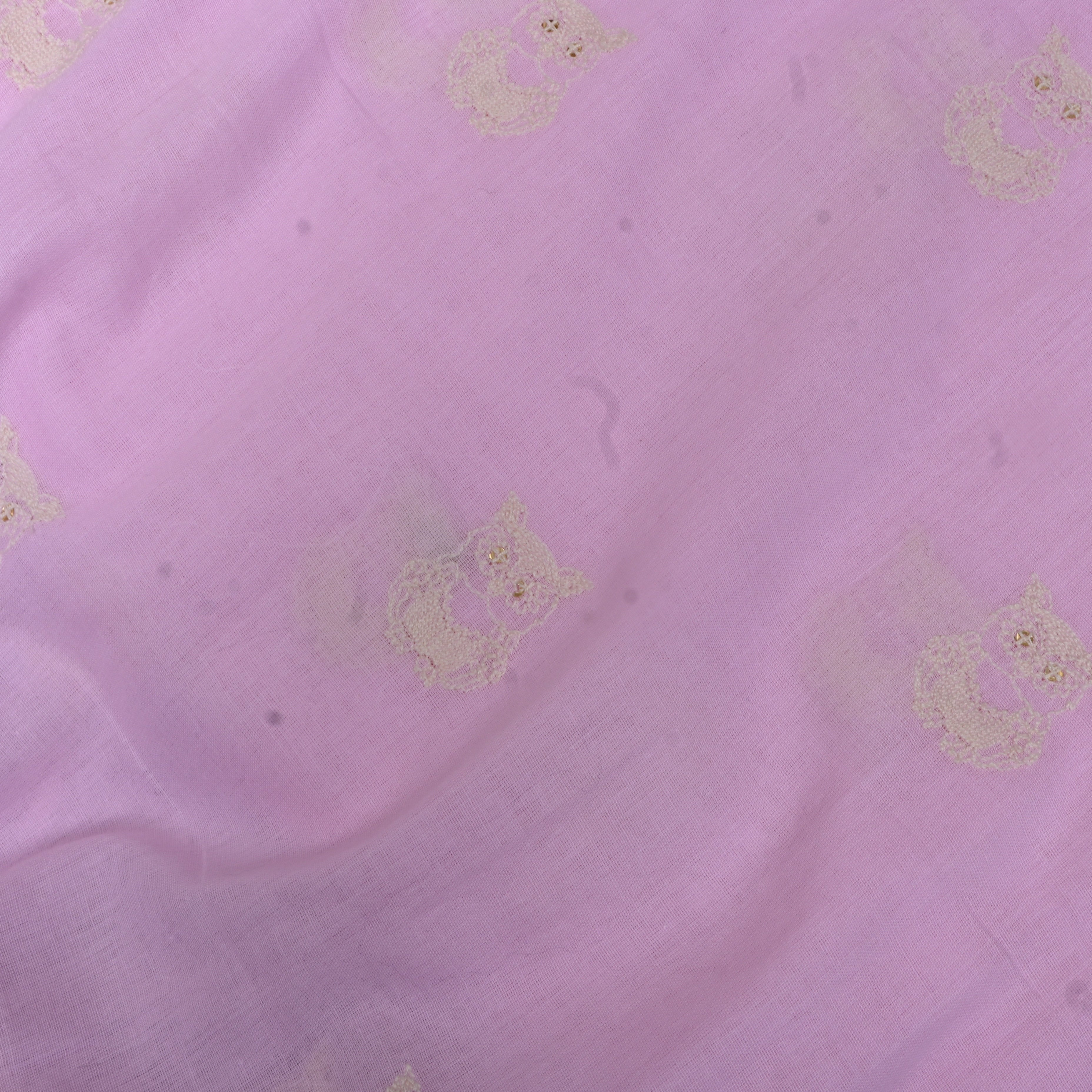 Lilac Owl Motif Sequin Embroidery Cotton Fabric