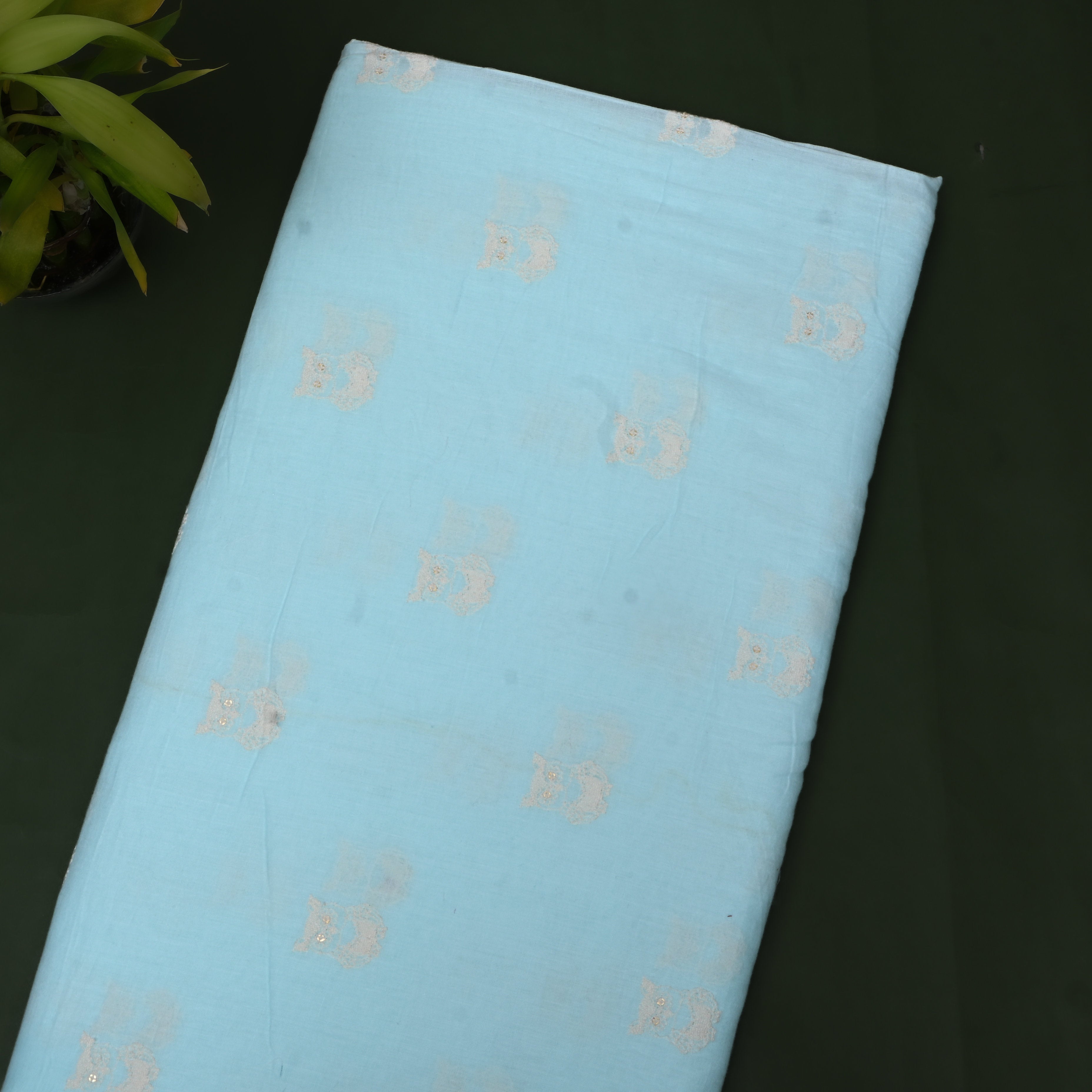 Sky Blue Owl Motif Sequin Embroidery Cotton Fabric