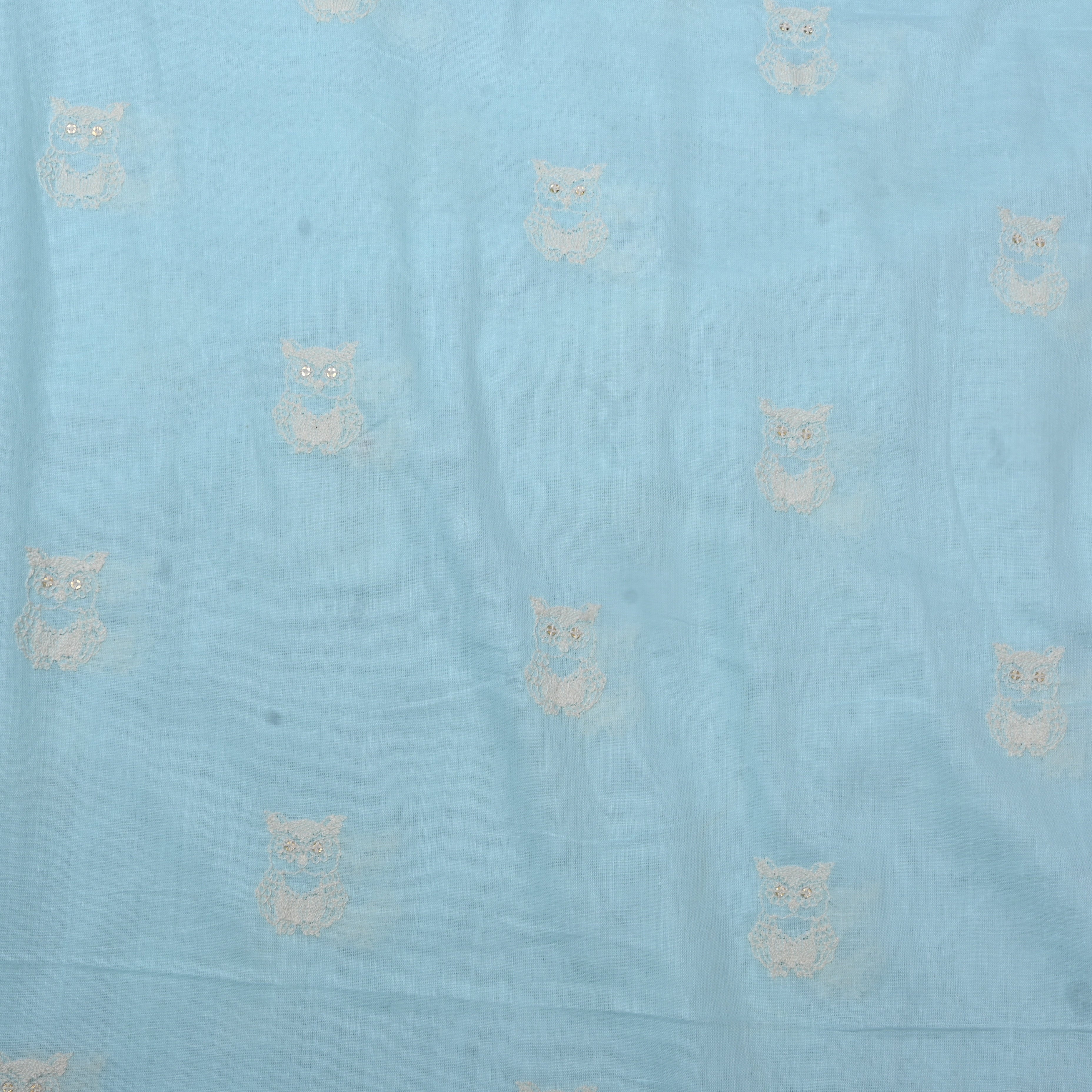Sky Blue Owl Motif Sequin Embroidery Cotton Fabric