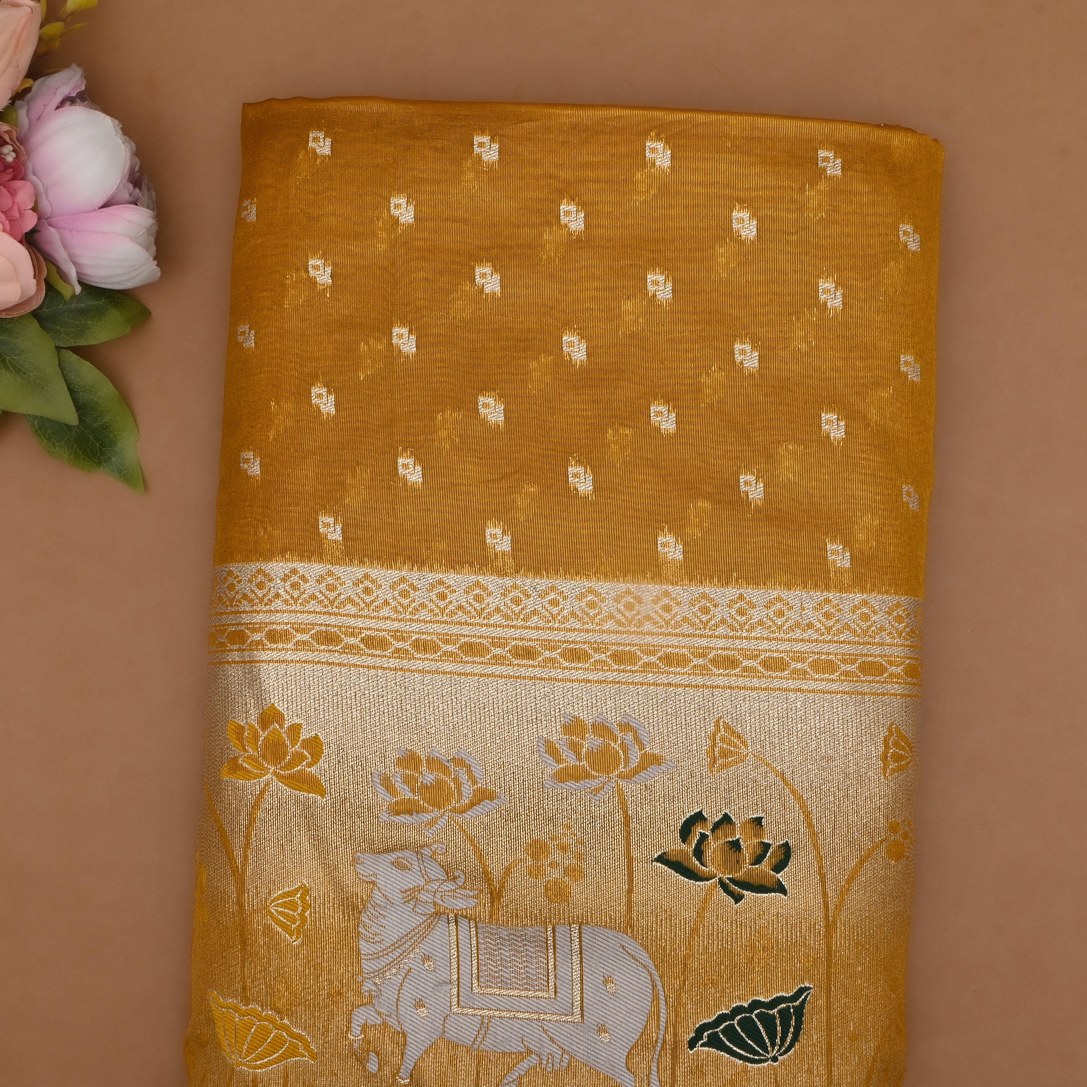 Gold Dola Silk Fabric With Pichwai Border