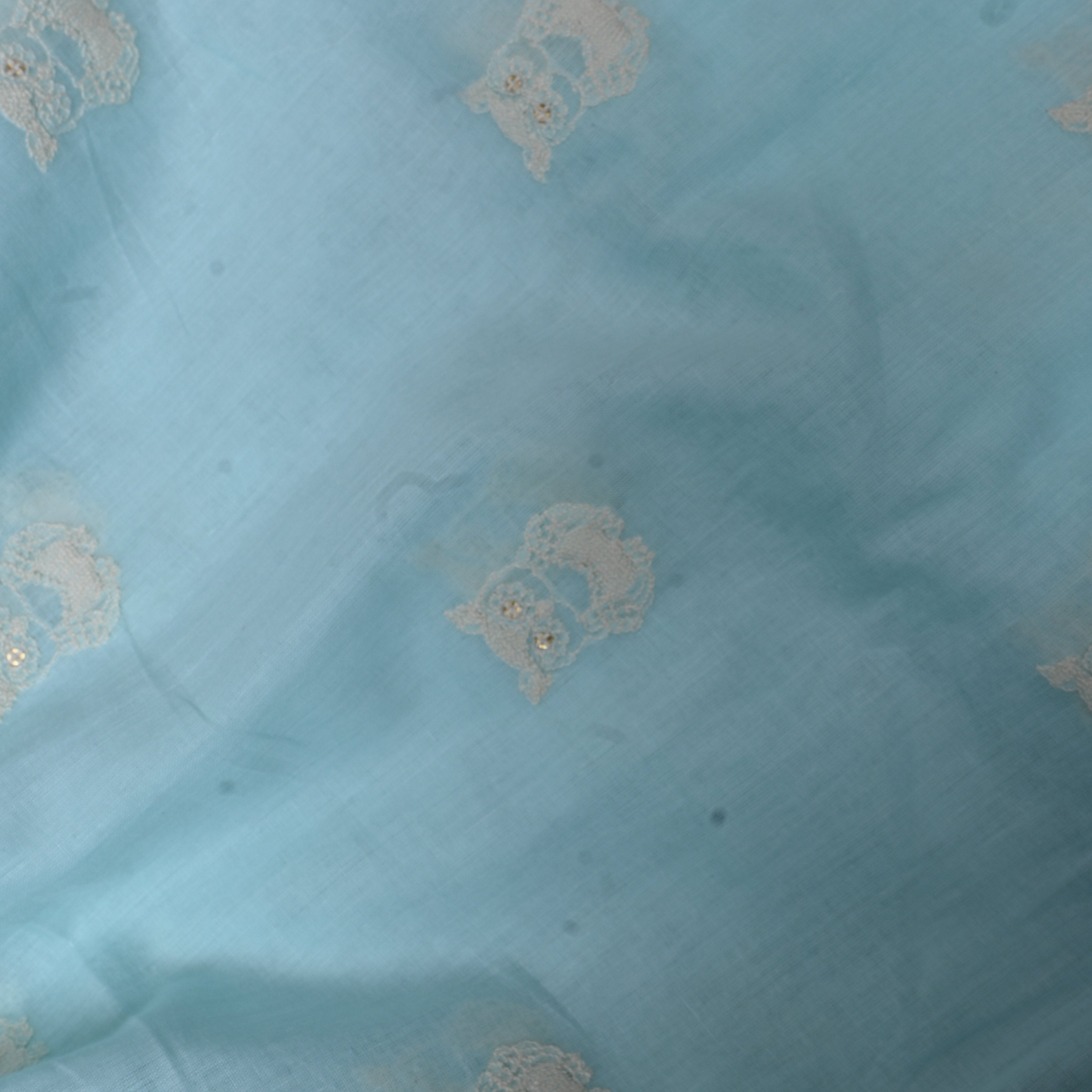 Sky Blue Owl Motif Sequin Embroidery Cotton Fabric