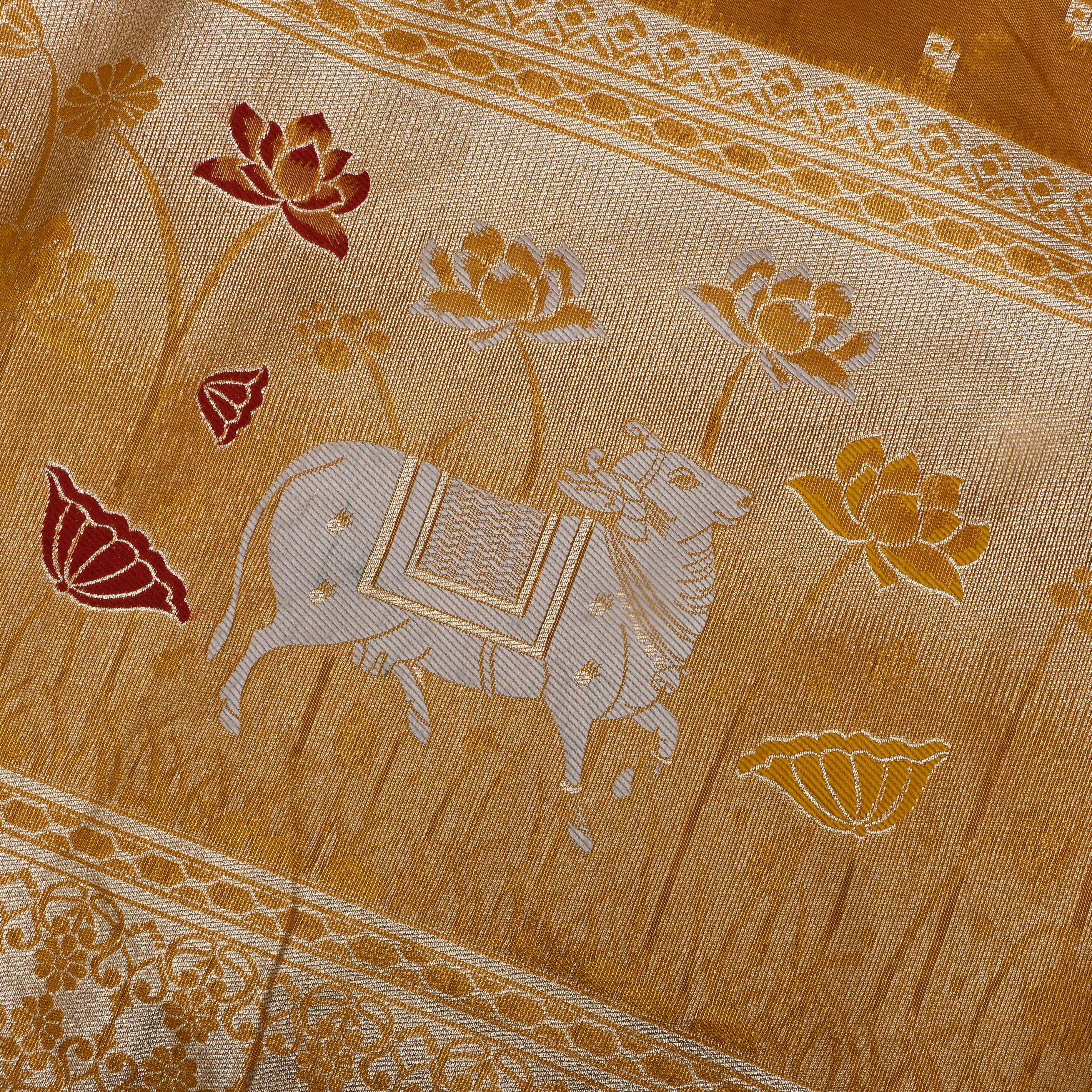 Gold Dola Silk Fabric With Pichwai Border
