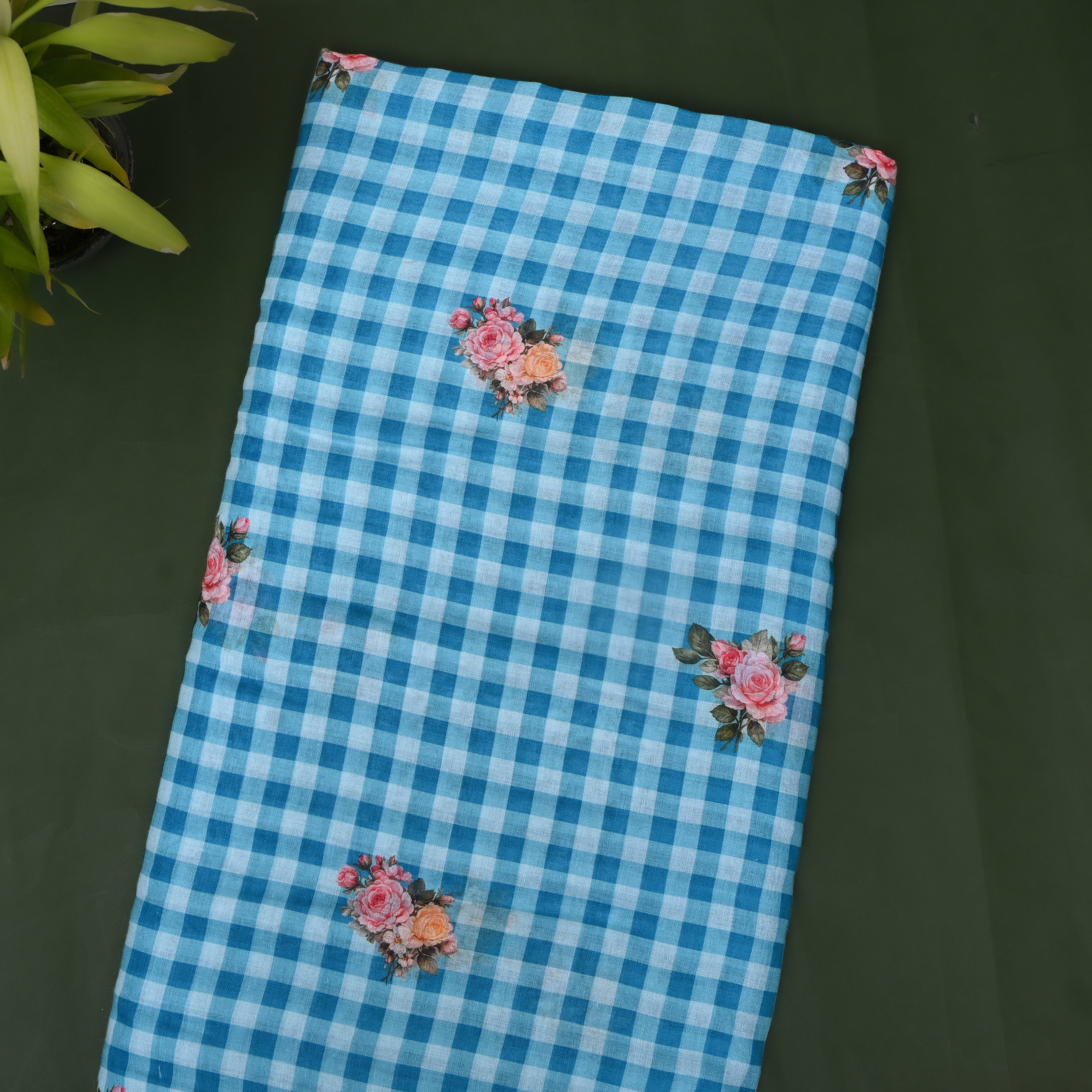 Sky Blue Gingham Linen With Rose Bouquet Print