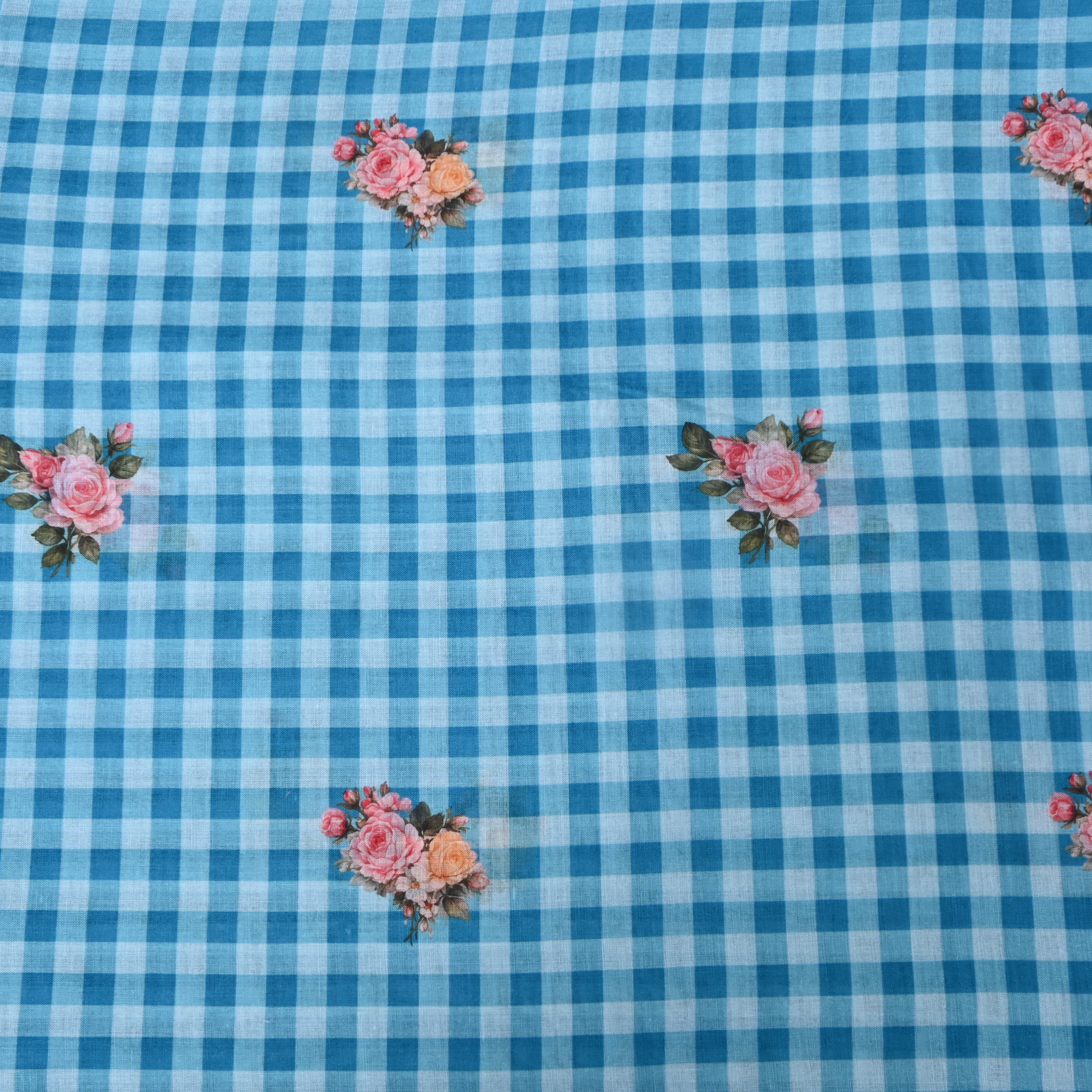 Sky Blue Gingham Linen With Rose Bouquet Print