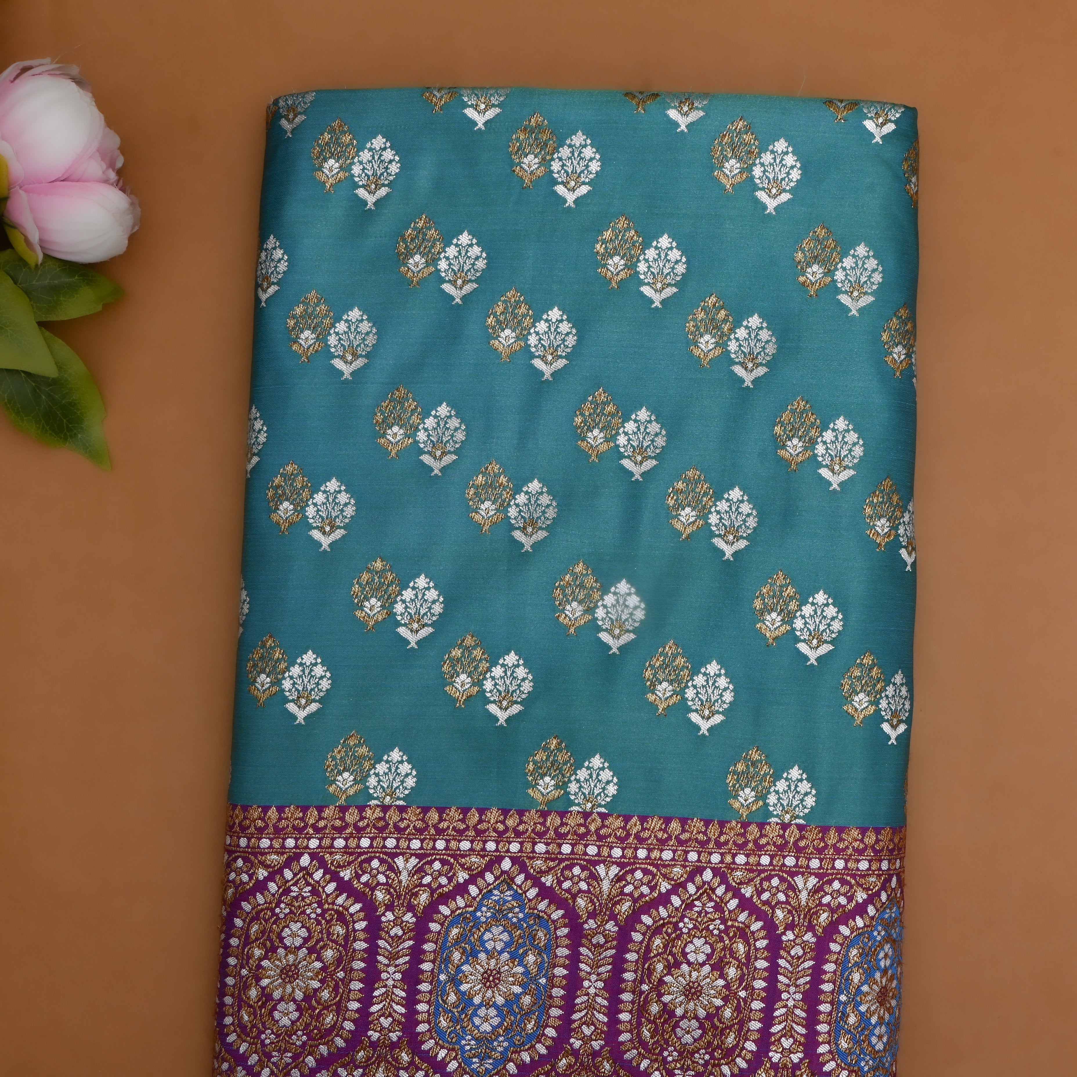 Light Blue Banarasi Silk Fabric With Contrast Border