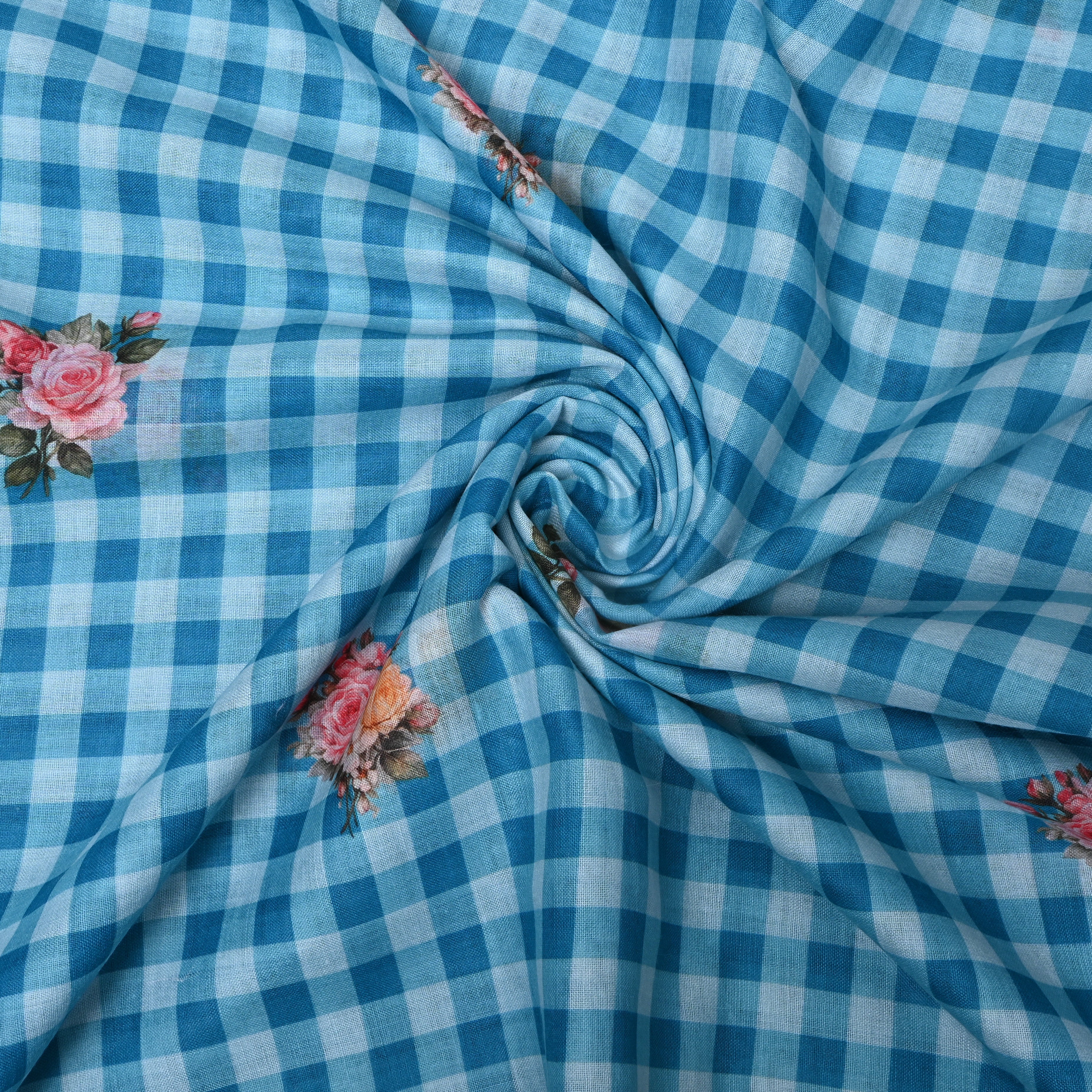 Sky Blue Gingham Linen With Rose Bouquet Print