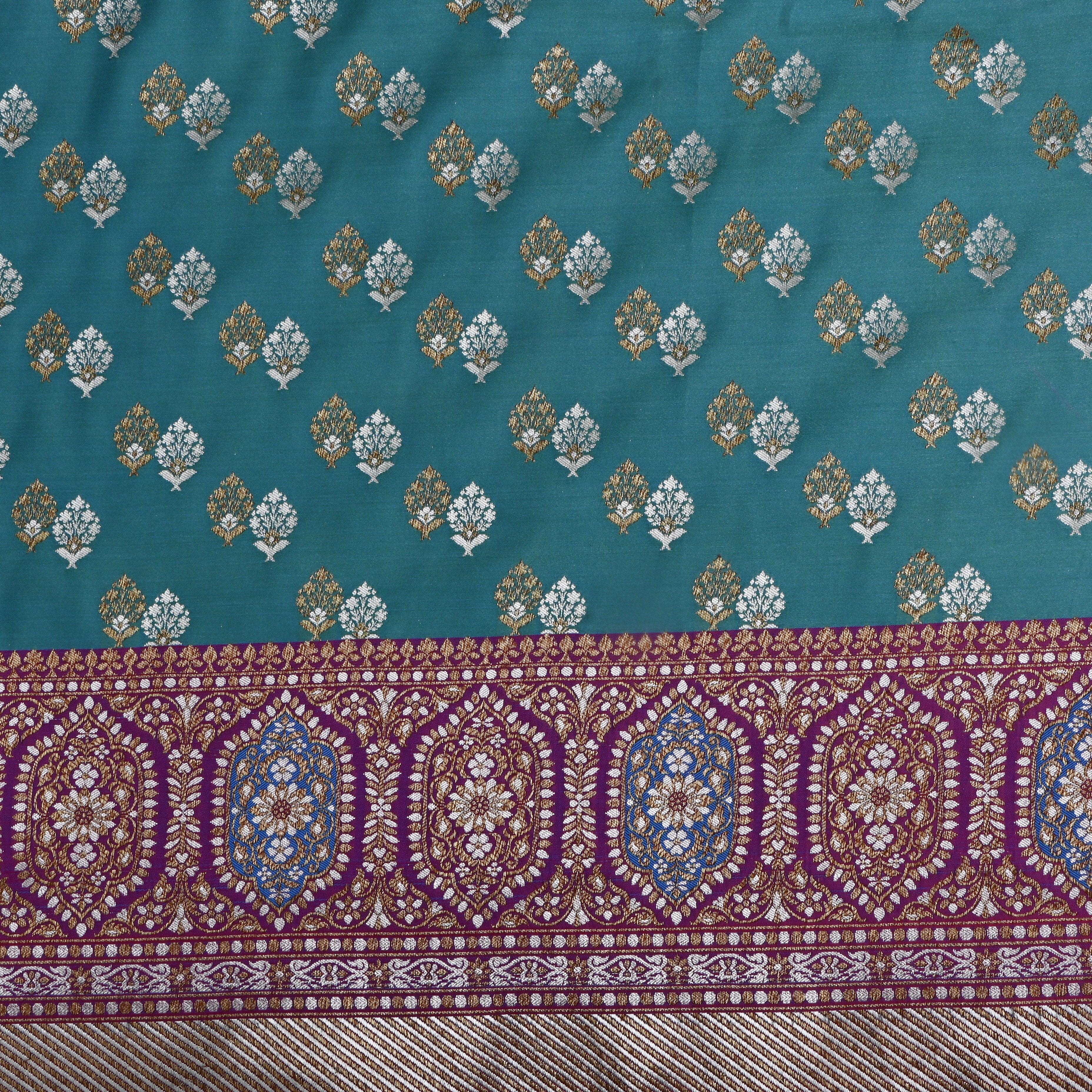 Light Blue Banarasi Silk Fabric With Contrast Border