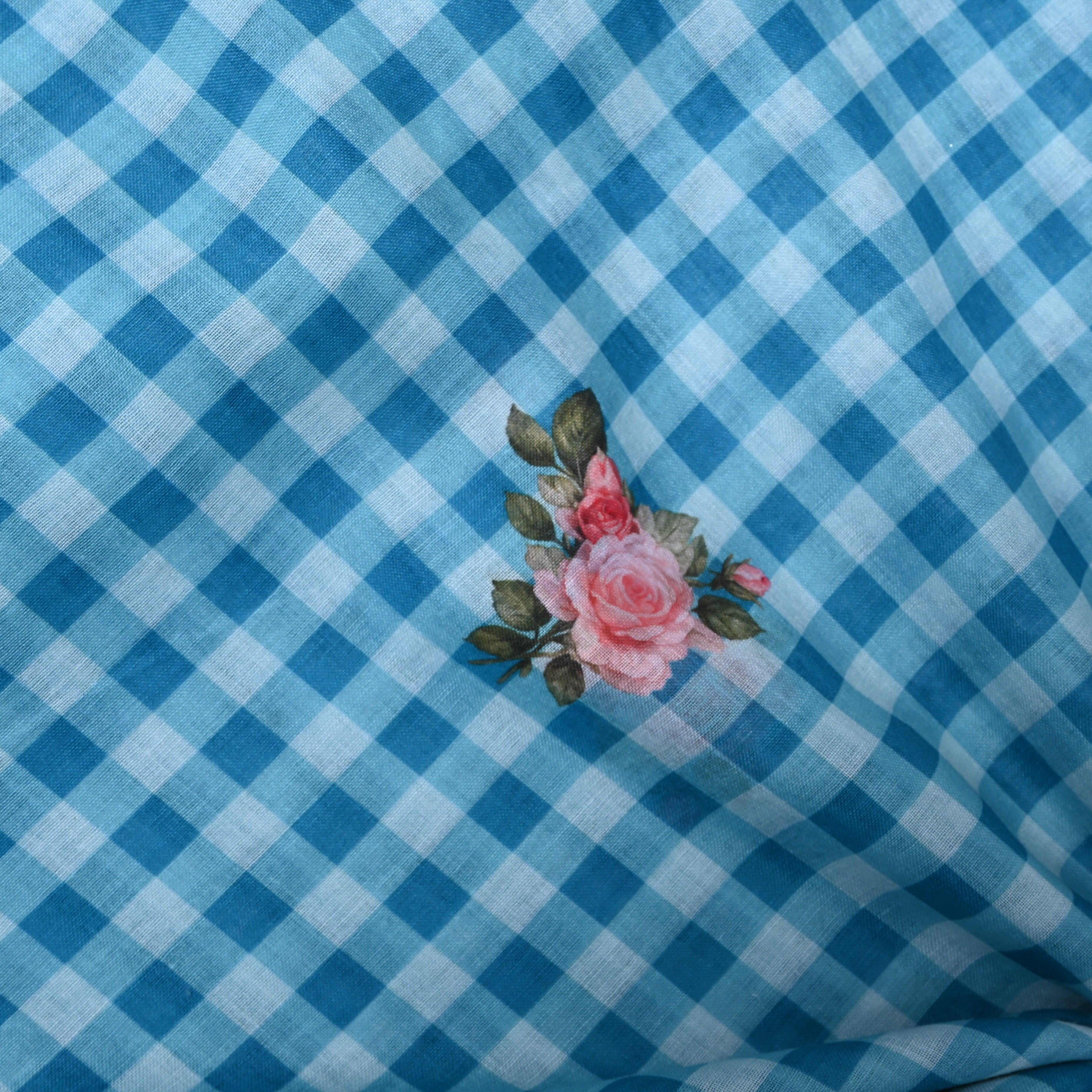 Sky Blue Gingham Linen With Rose Bouquet Print