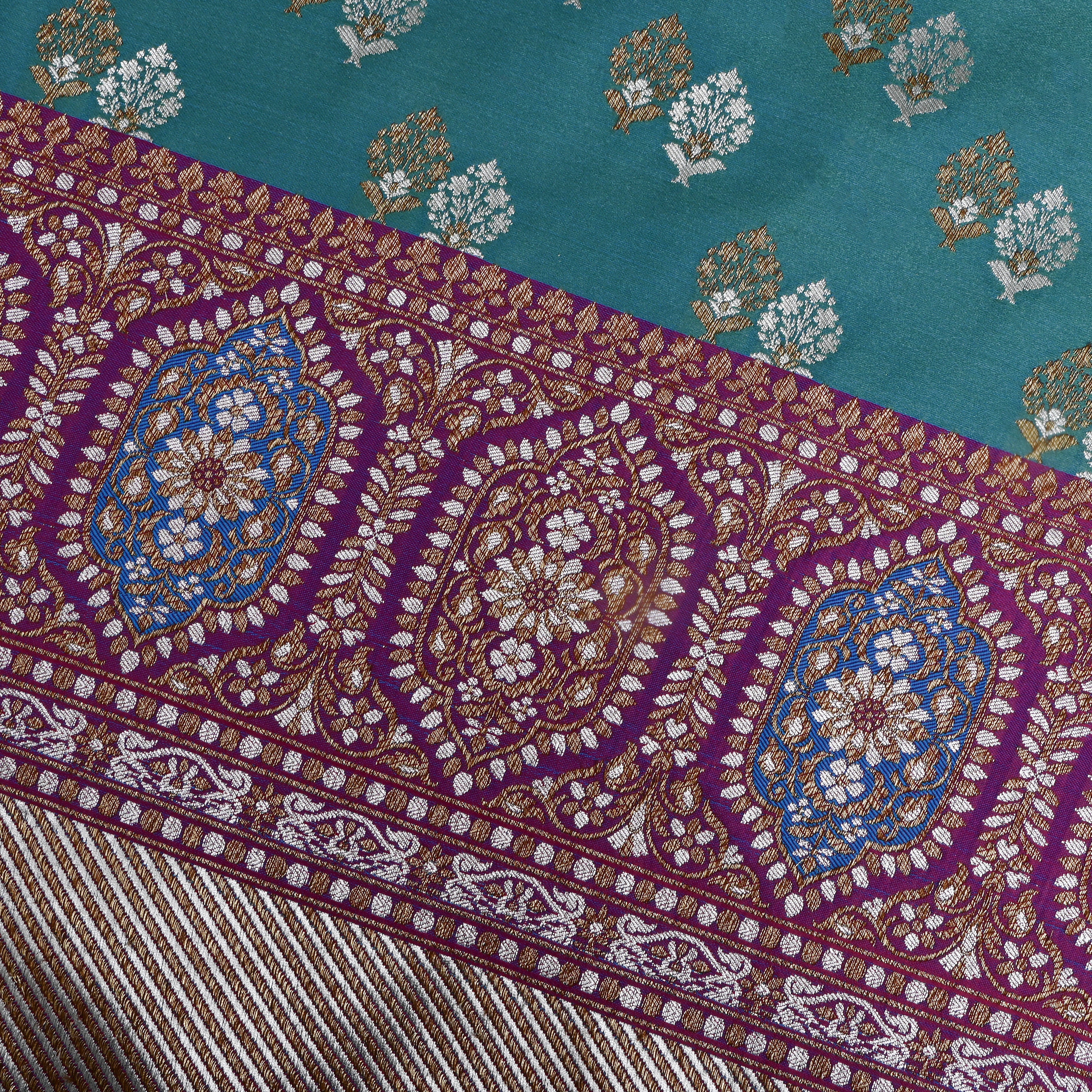 Light Blue Banaras Silk Fabric With Contrast Border