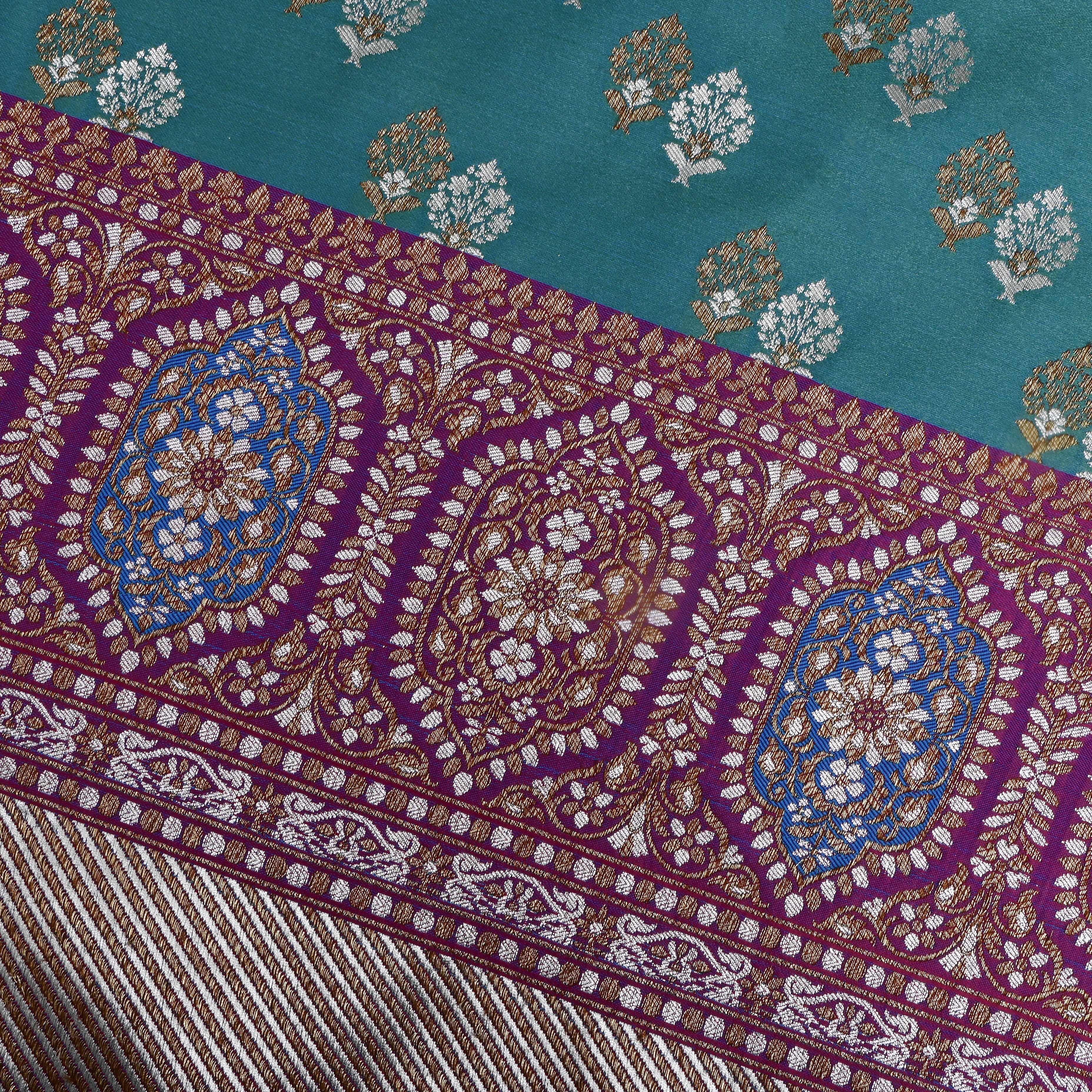 Light Blue Banarasi Silk Fabric With Contrast Border