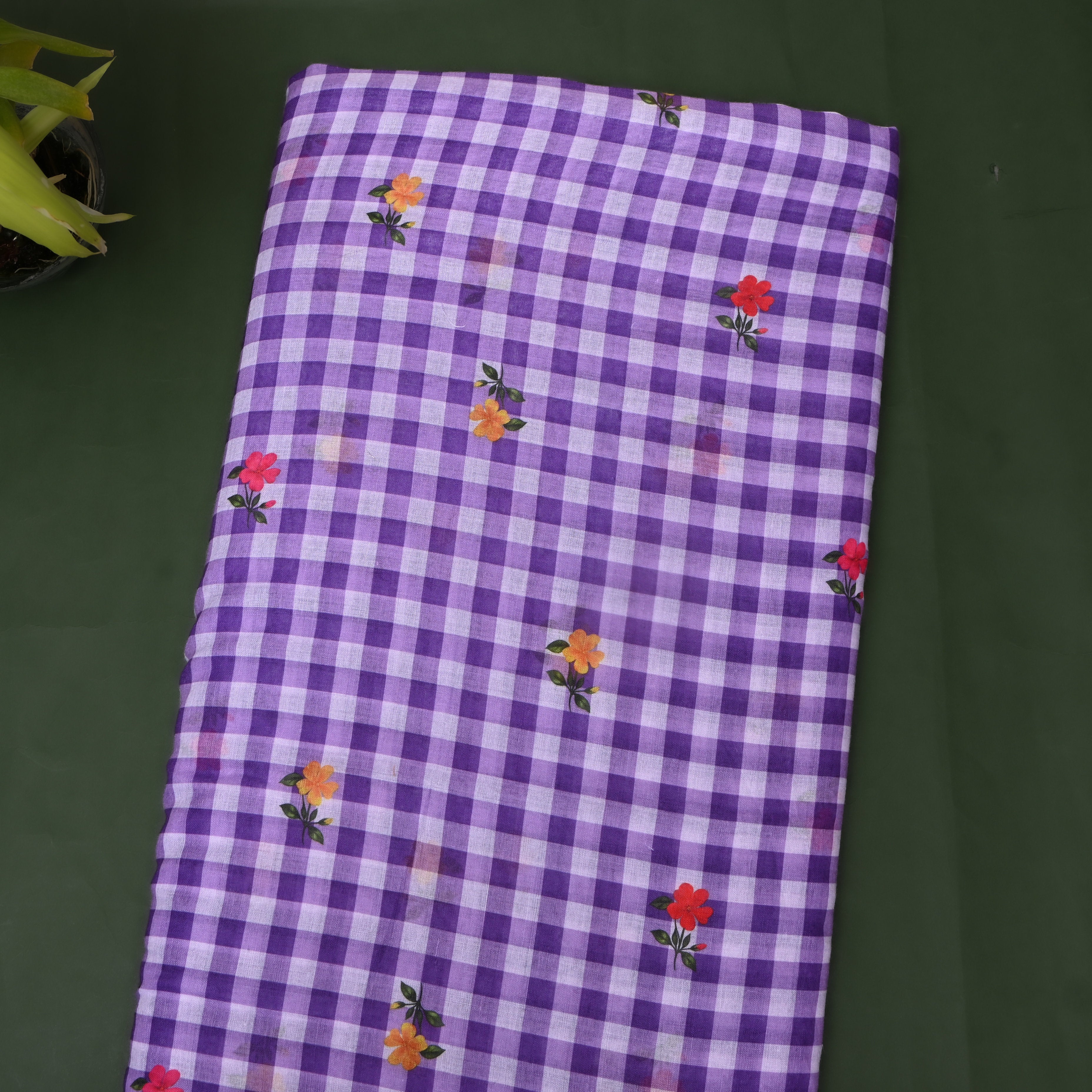 Purple Gingham Linen With Wildflower Print