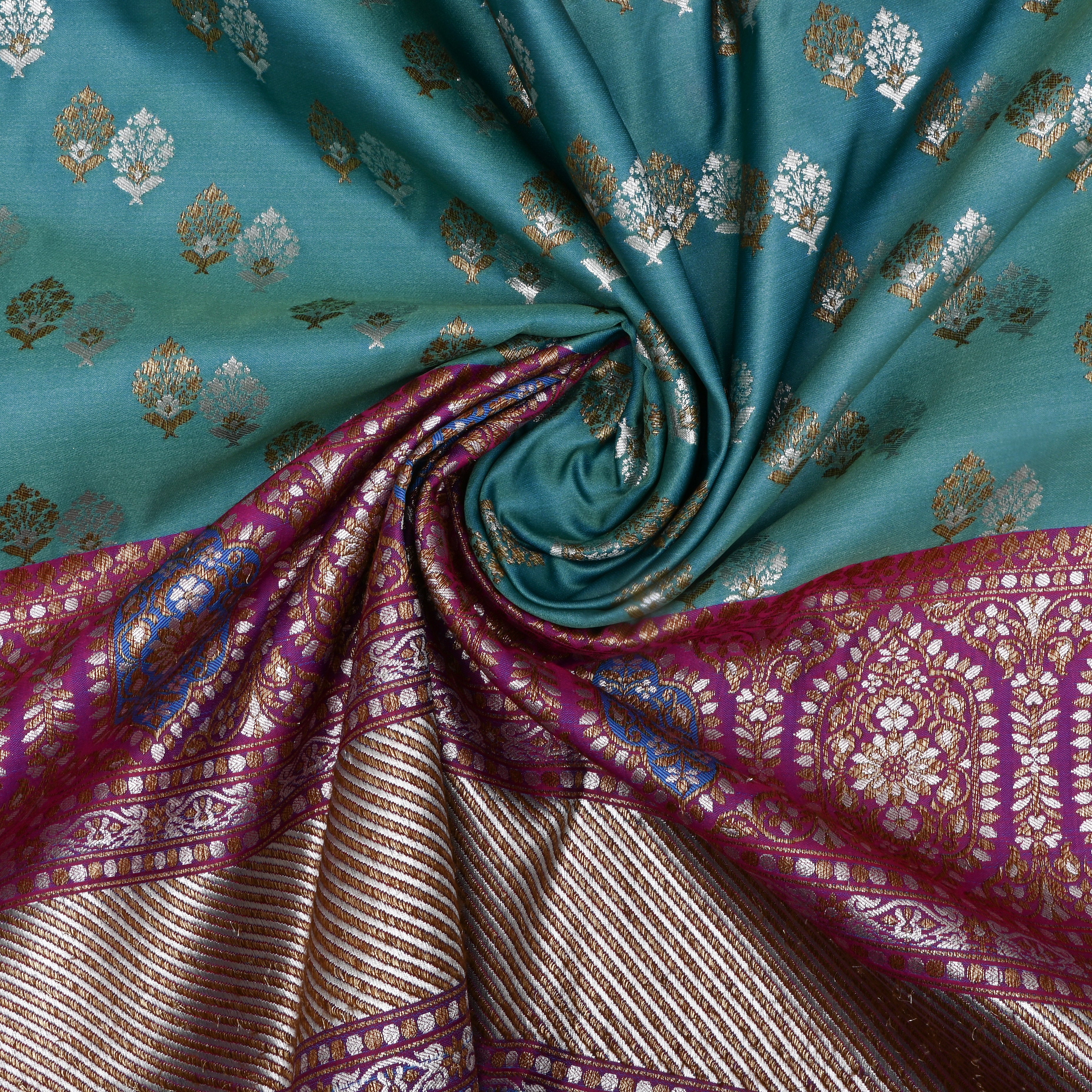 Light Blue Banaras Silk Fabric With Contrast Border