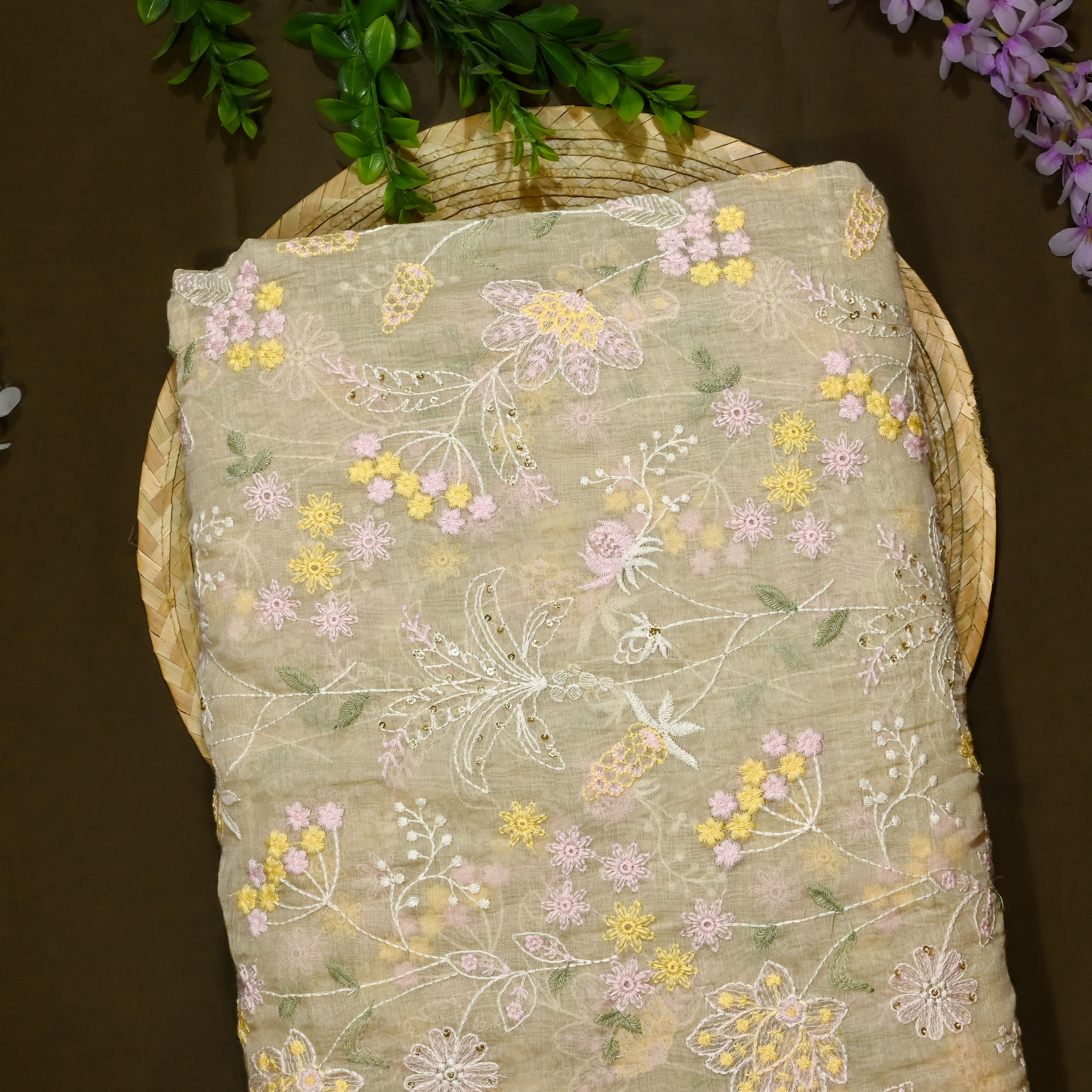 Gin Green Mul Chanderi Fabric With Embroidery