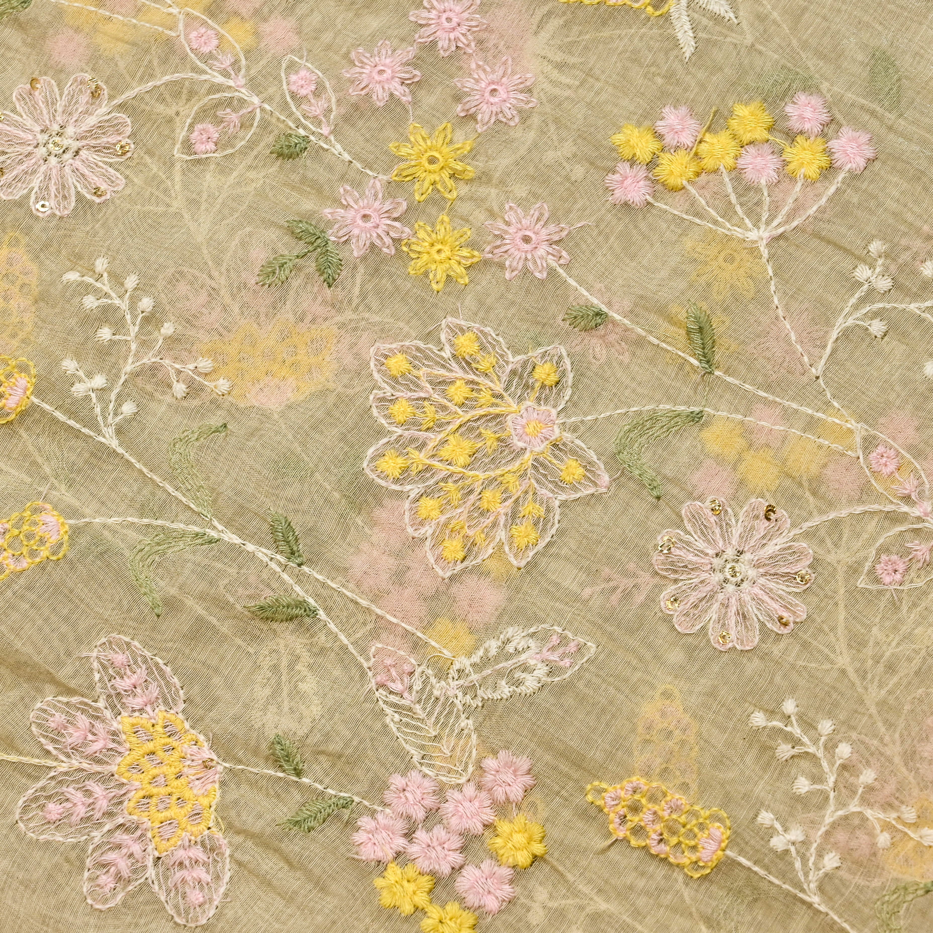 Gin Green Mul Chanderi Fabric With Embroidery