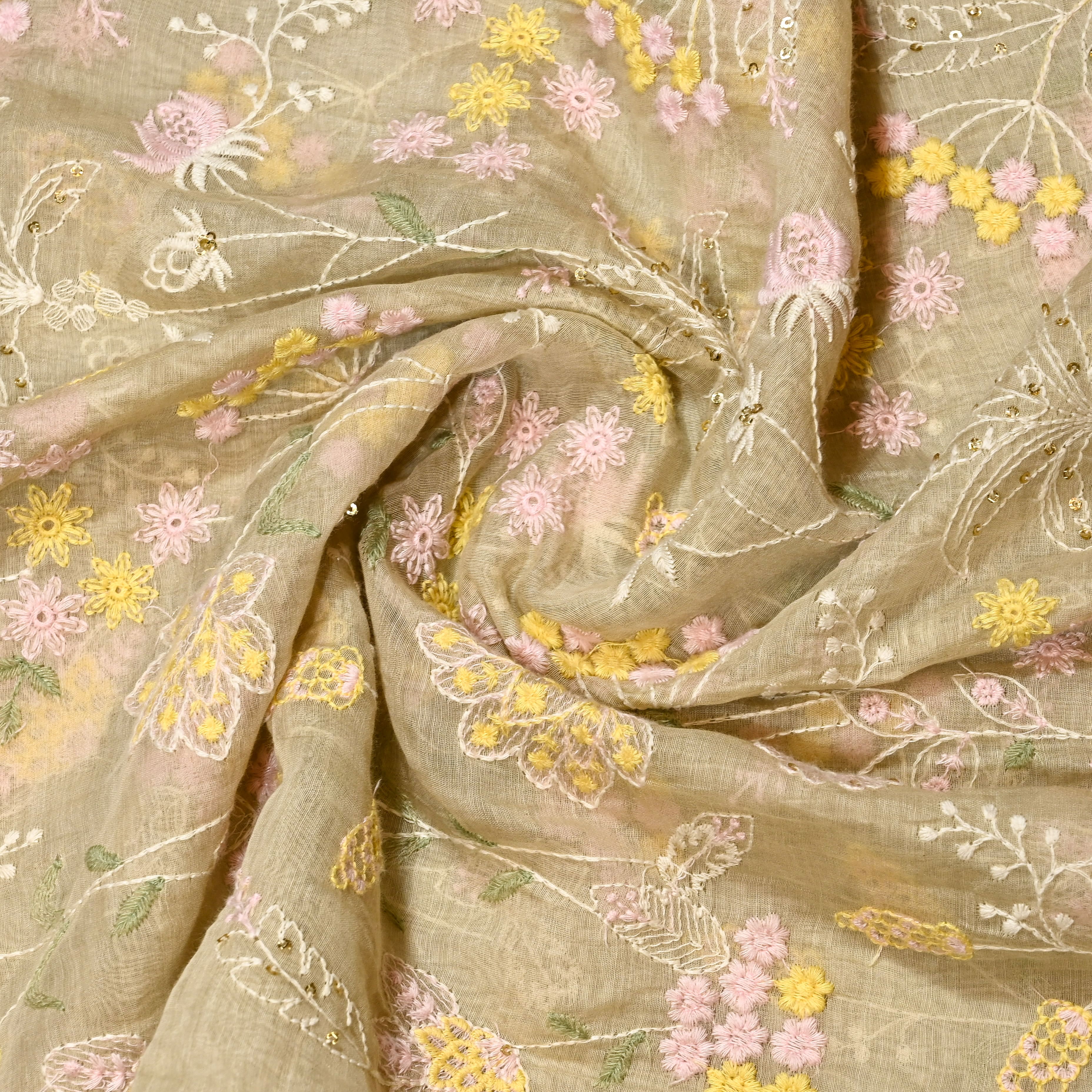 Gin Green Mul Chanderi Fabric With Embroidery