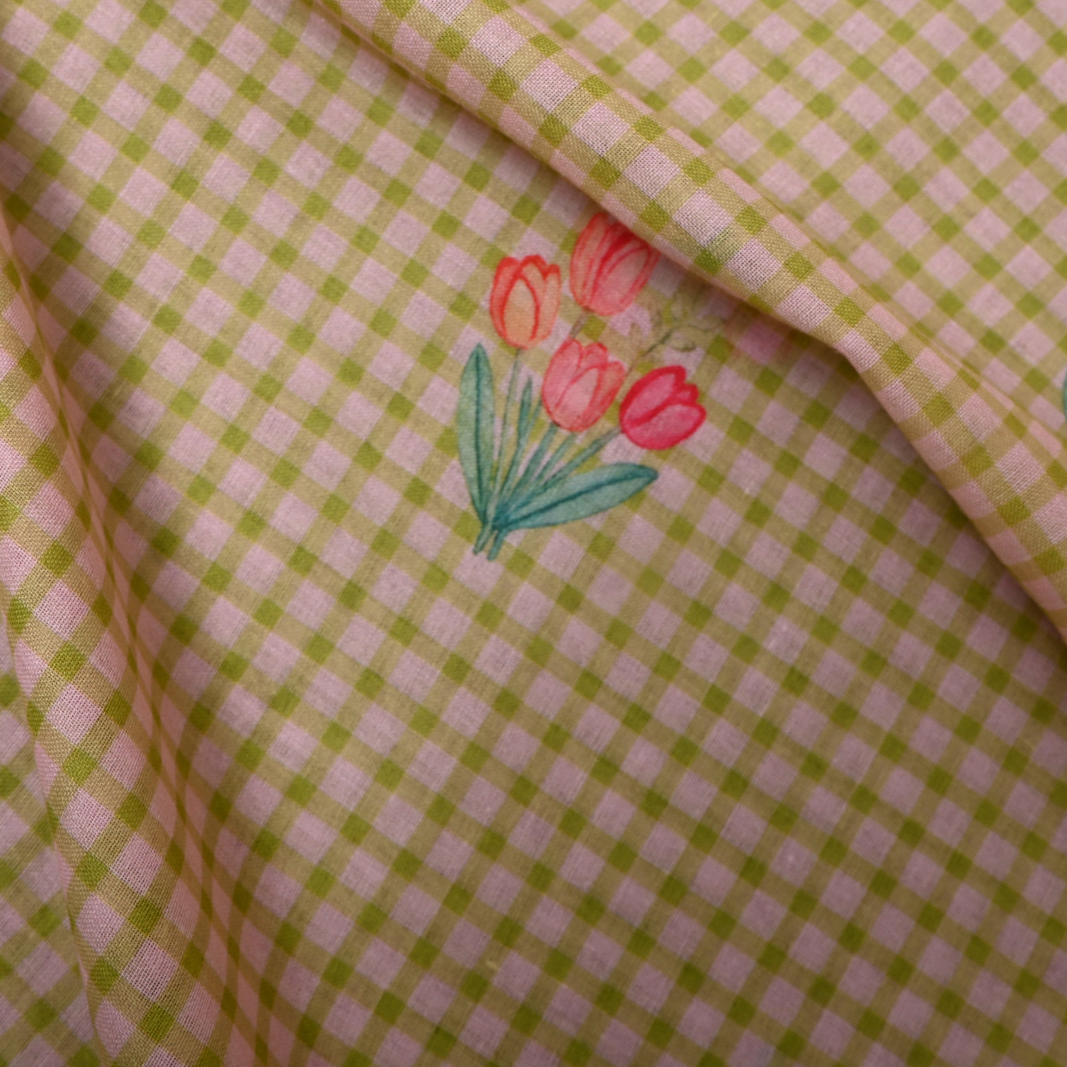 Green Gingham Linen With Tulip Print