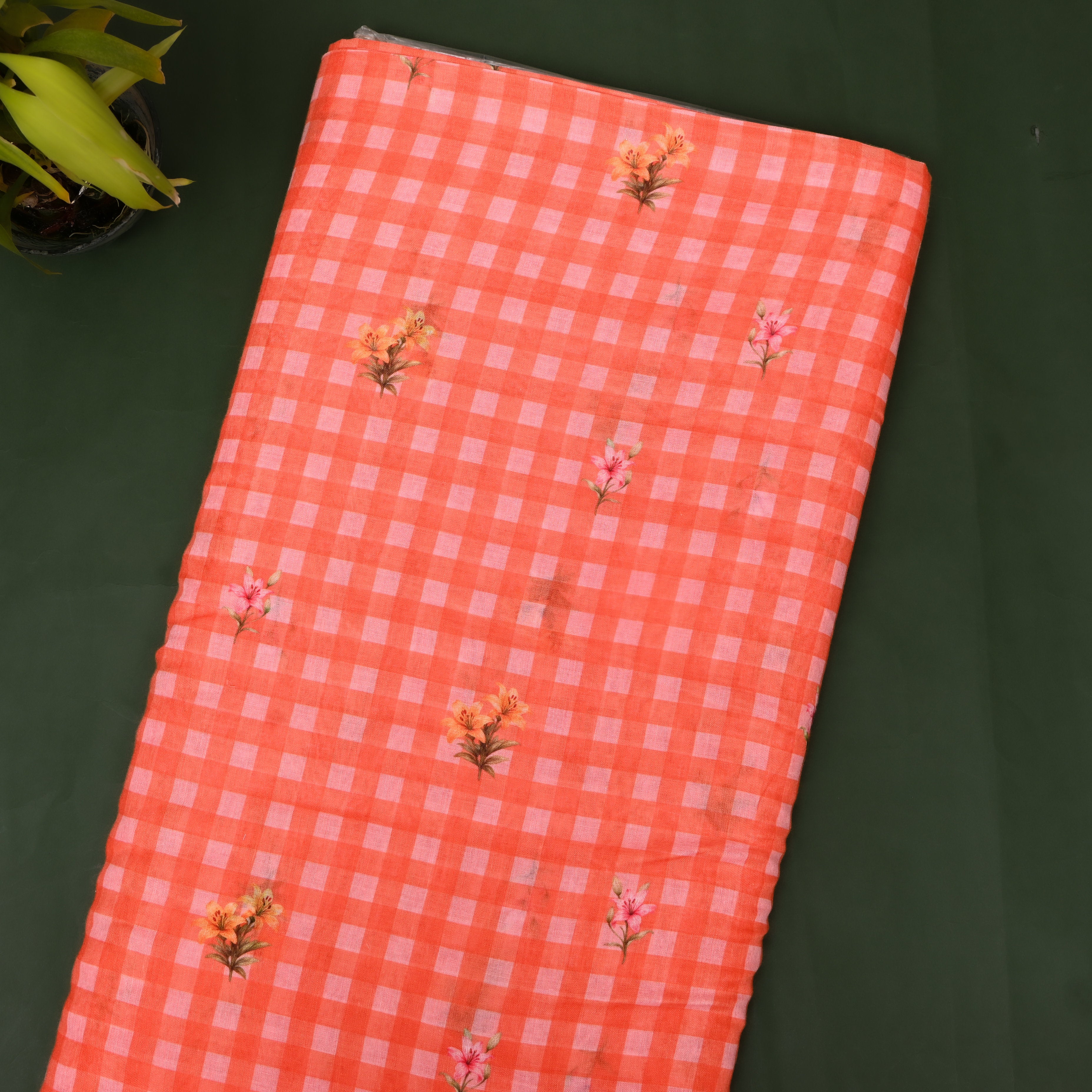 Coral Gingham Linen With Lily Print