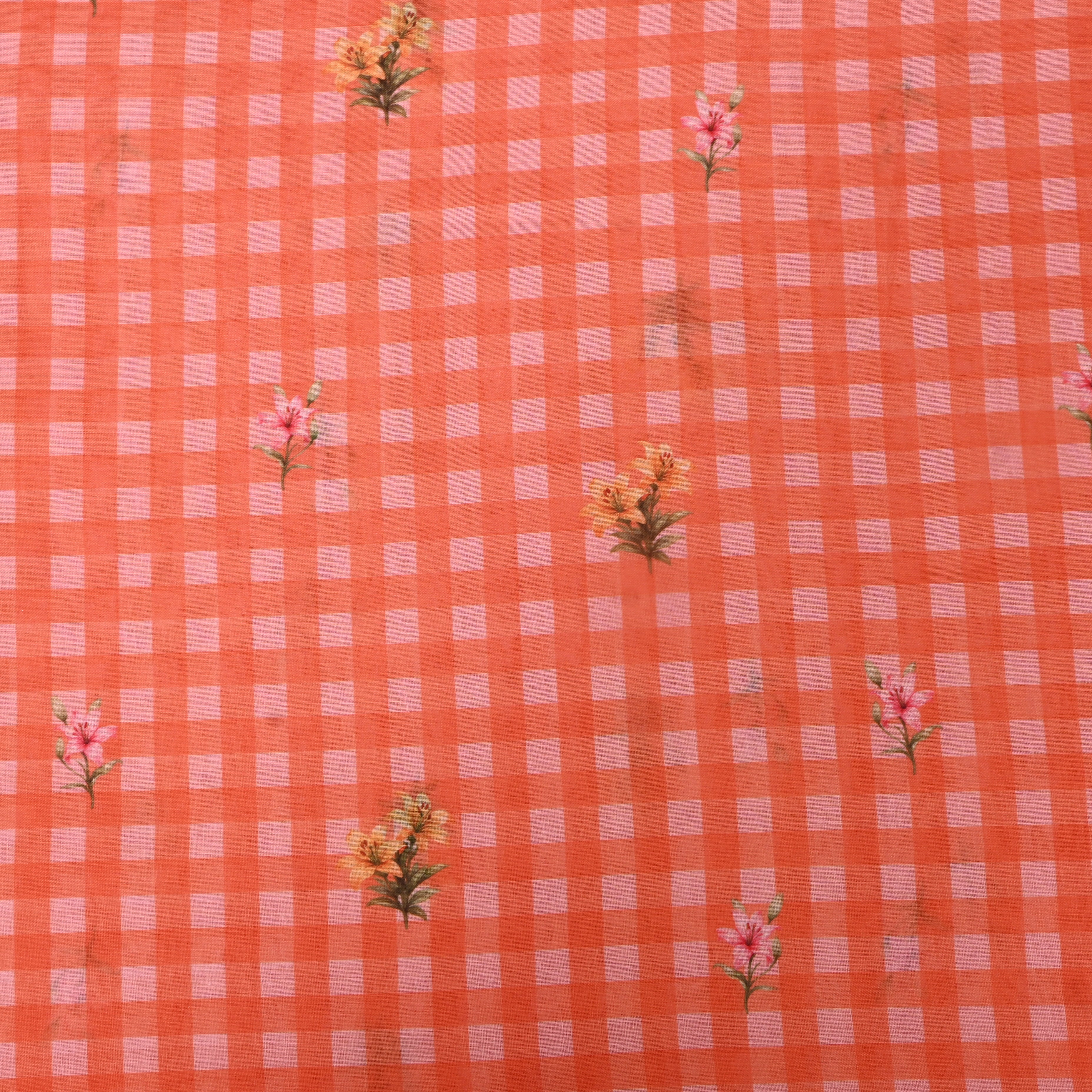 Coral Gingham Linen With Lily Print