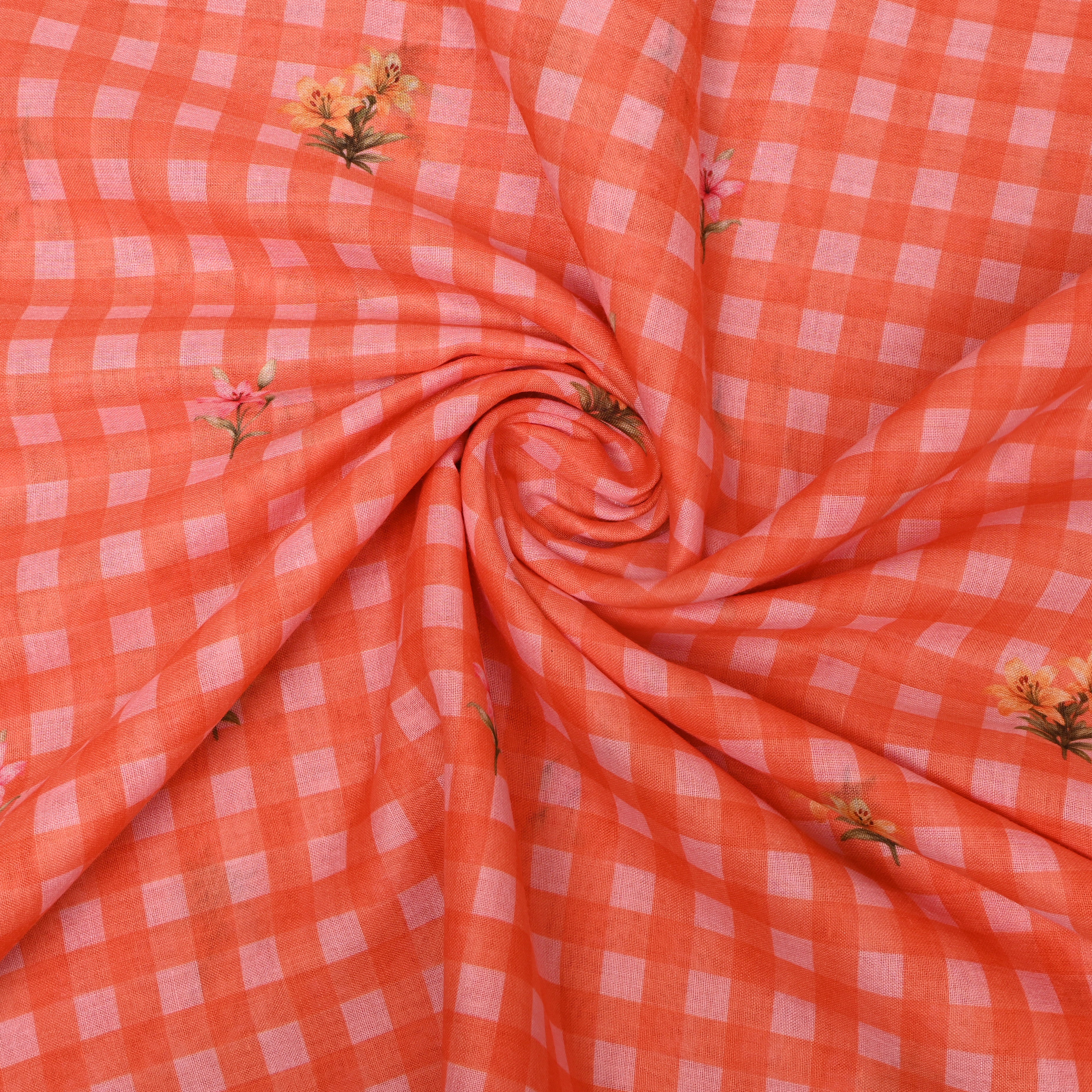 Coral Gingham Linen With Lily Print