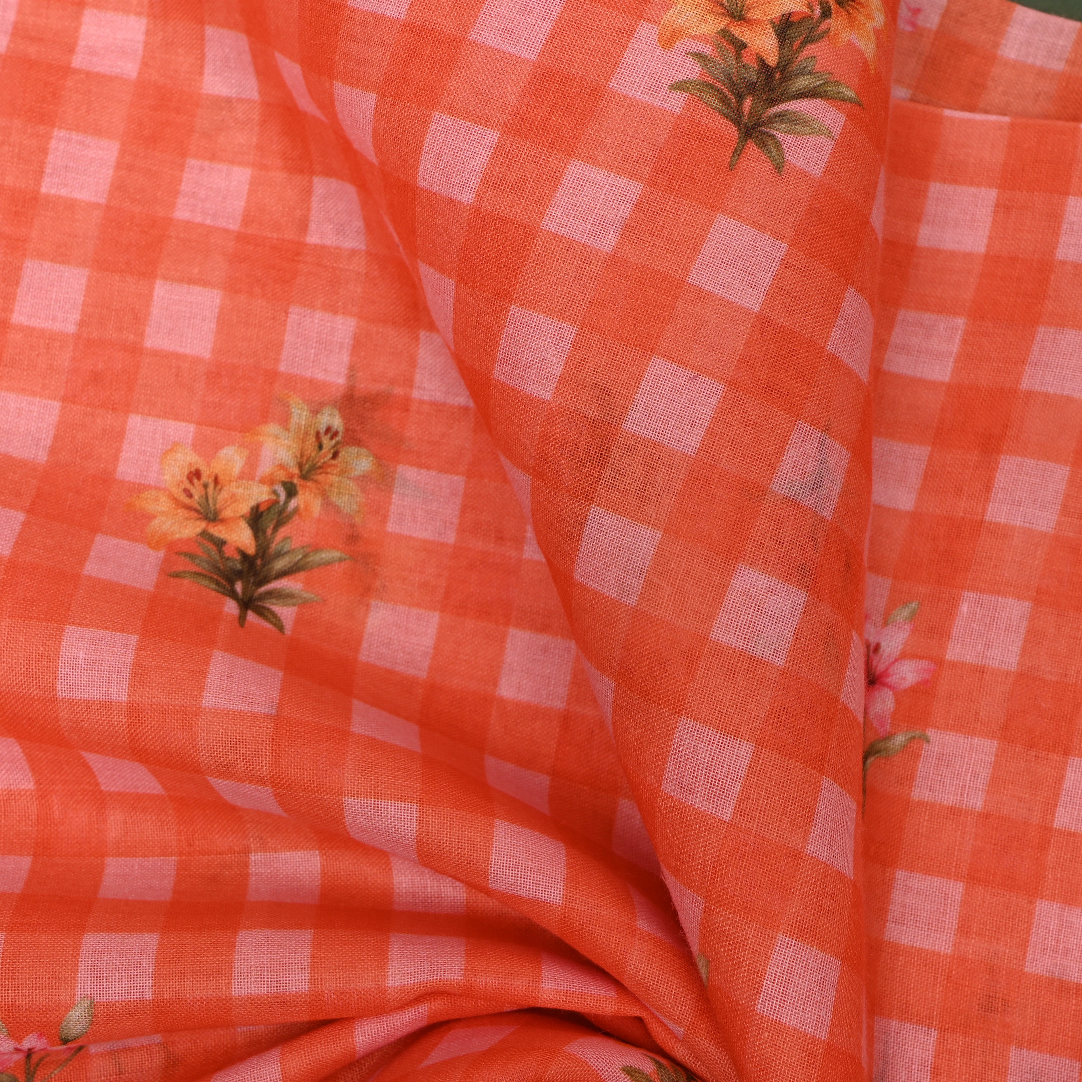 Coral Gingham Linen With Lily Print