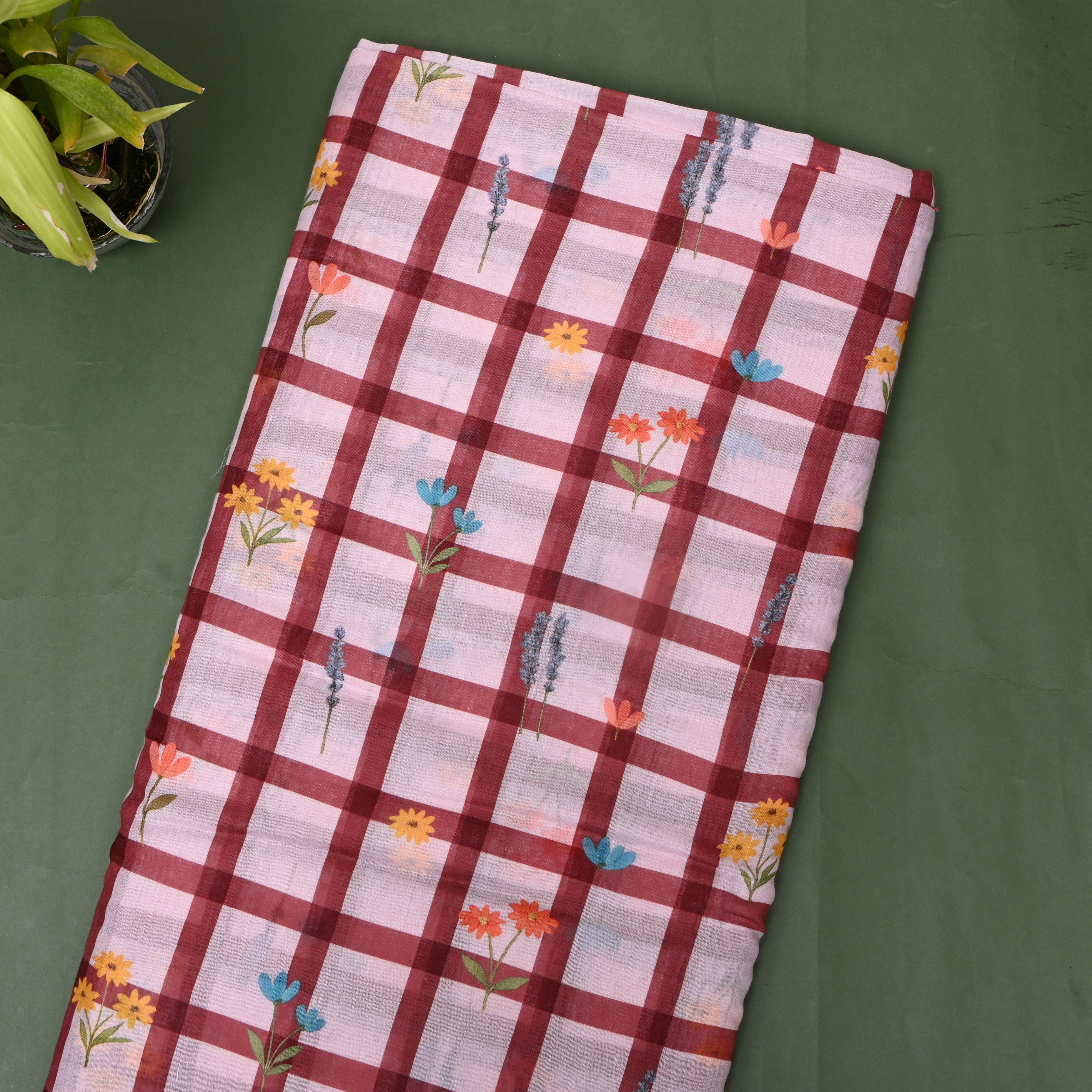 Maroon Check Linen With Wildflower Print