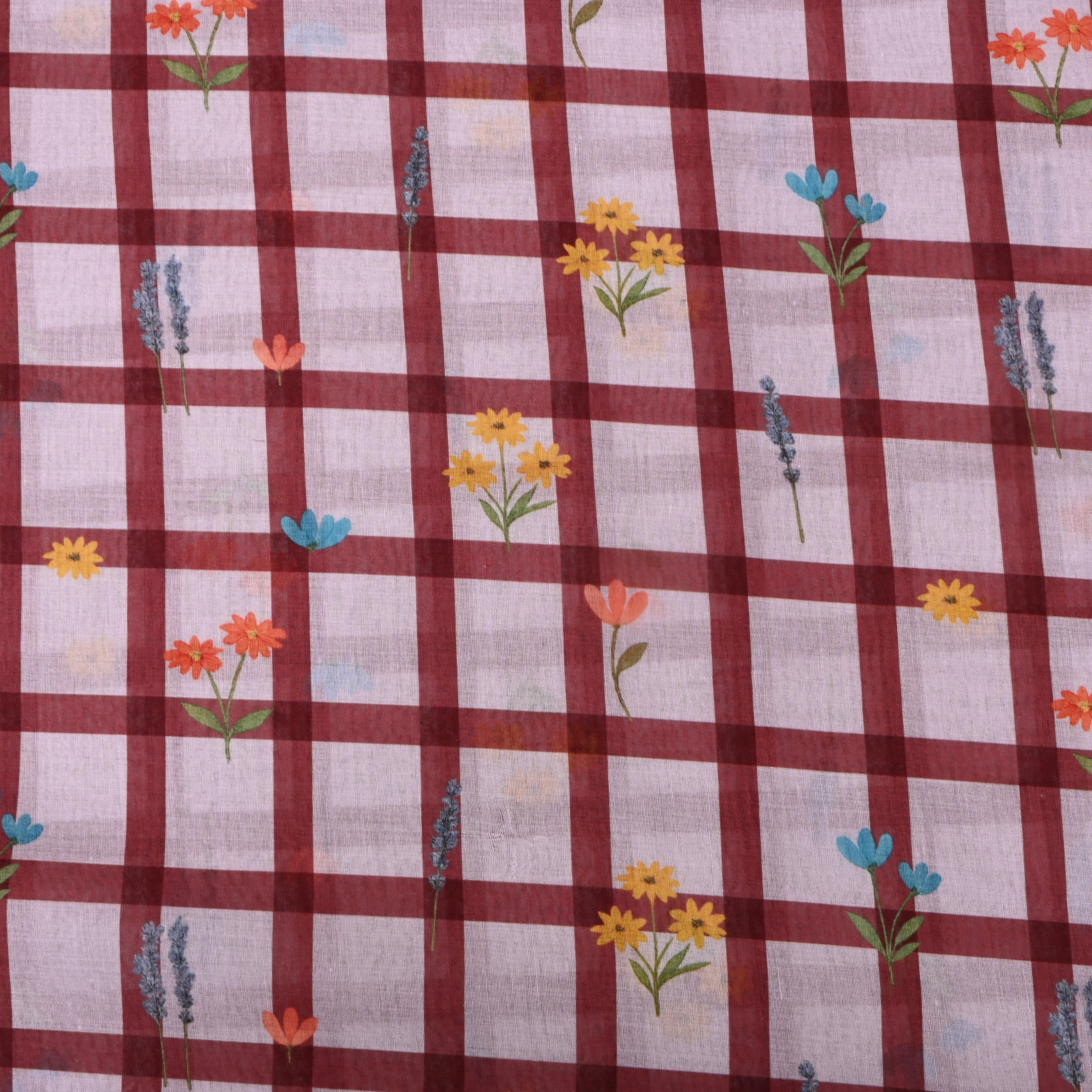 Maroon Check Linen With Wildflower Print