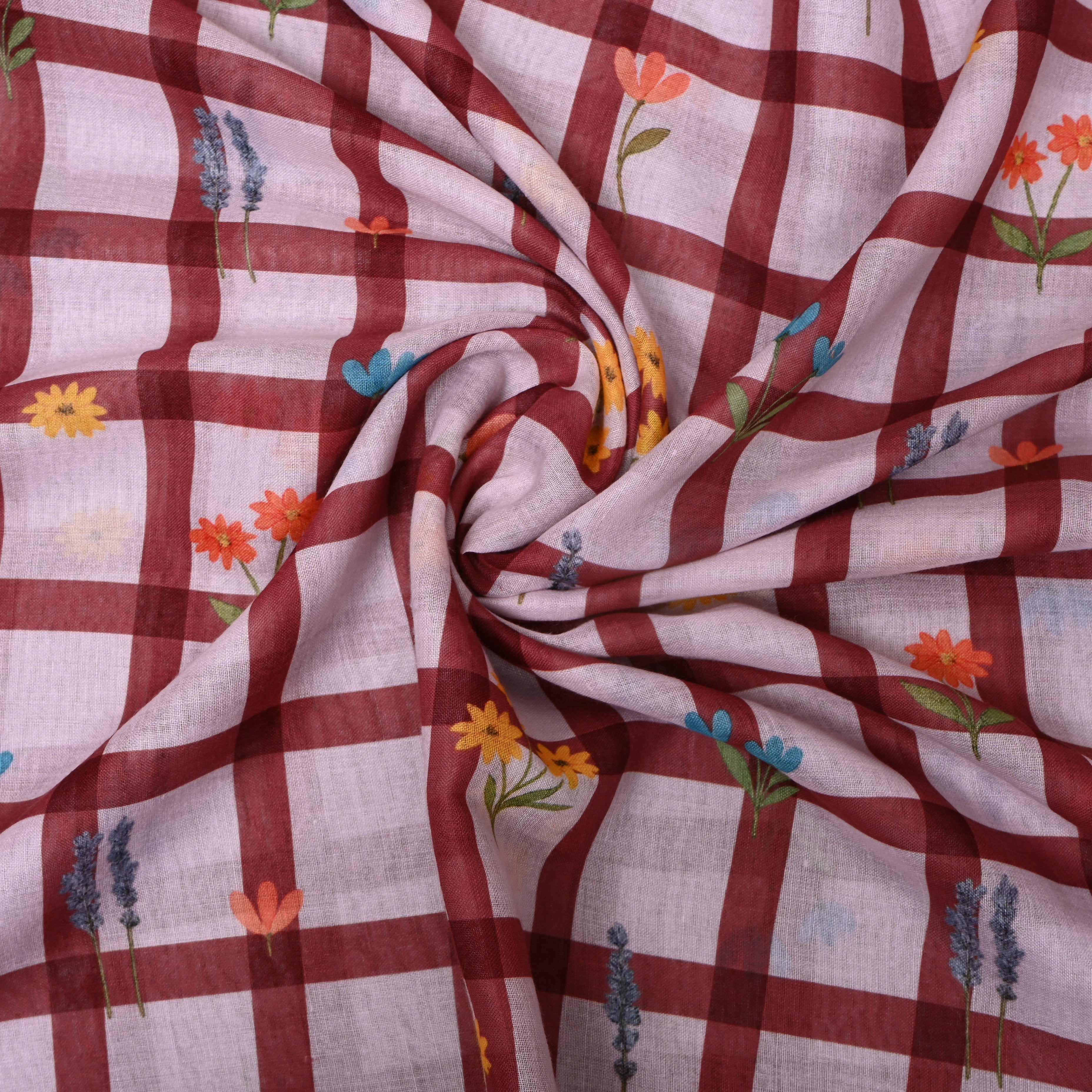 Maroon Check Linen With Wildflower Print