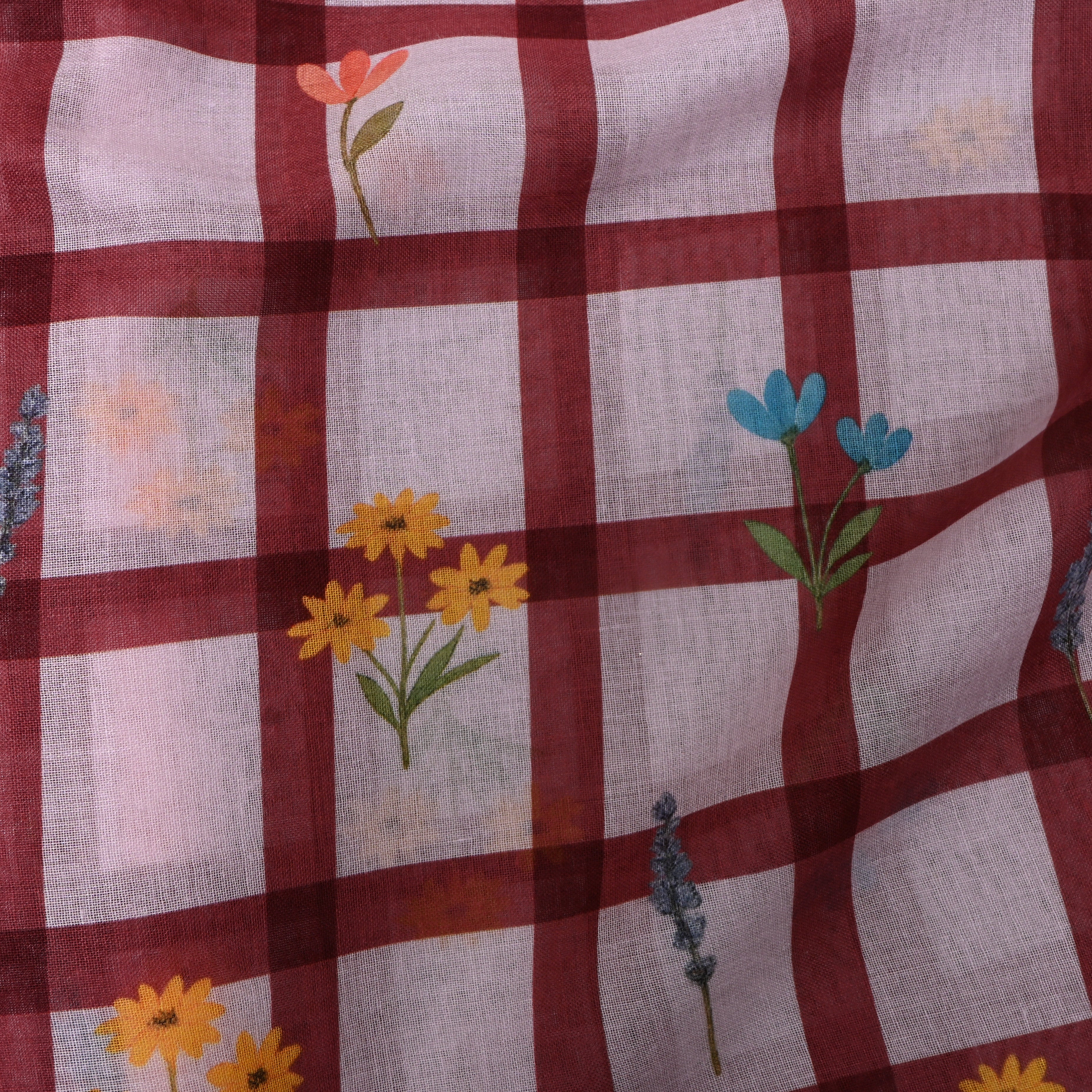 Maroon Check Linen With Wildflower Print
