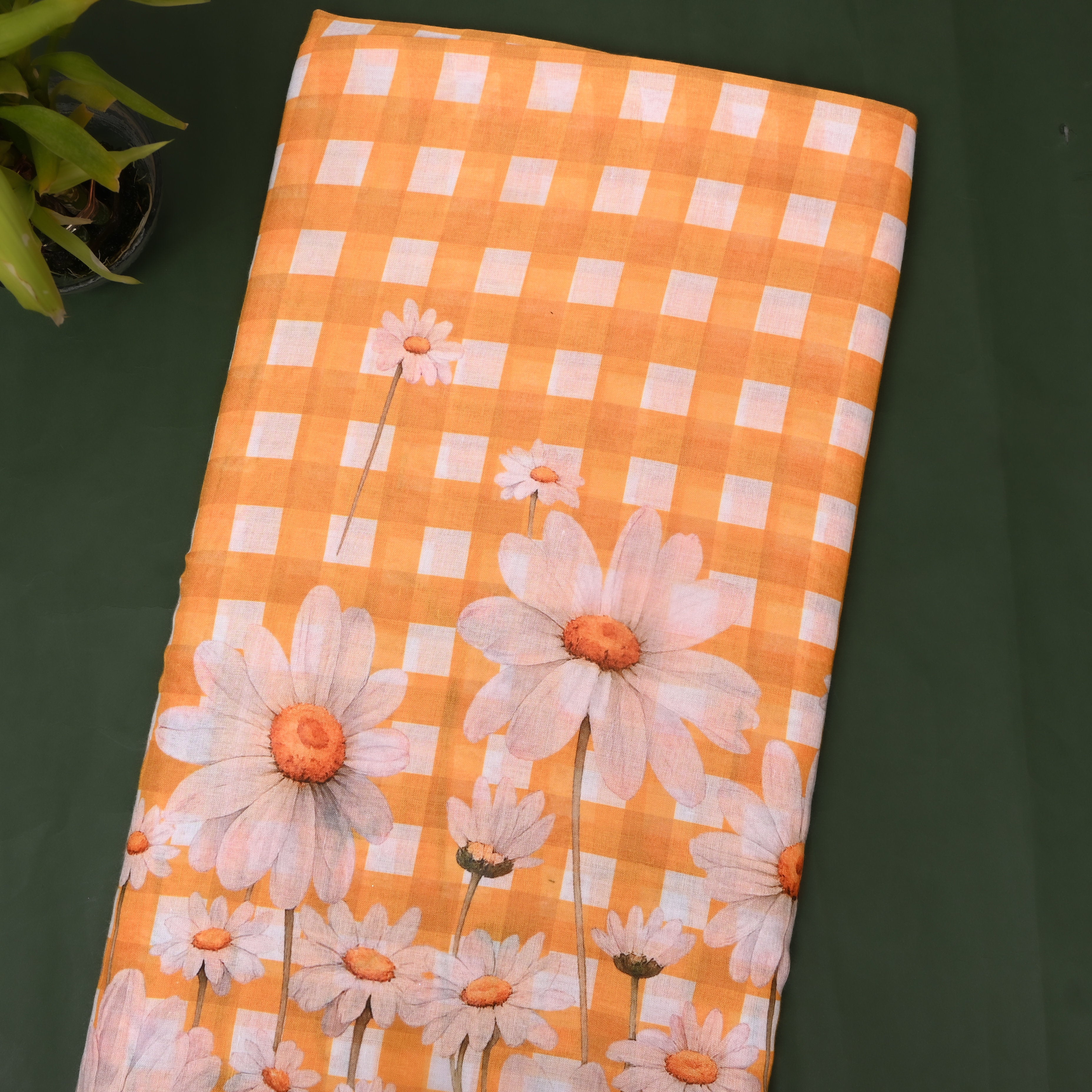 Orange Gingham Linen With Daisy Border Print