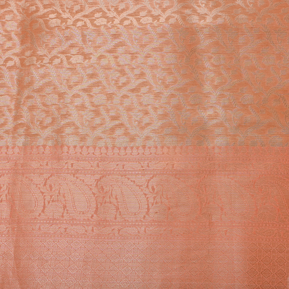 Apricot Orange Gold Zari Floral Jamawar Silk Fabric